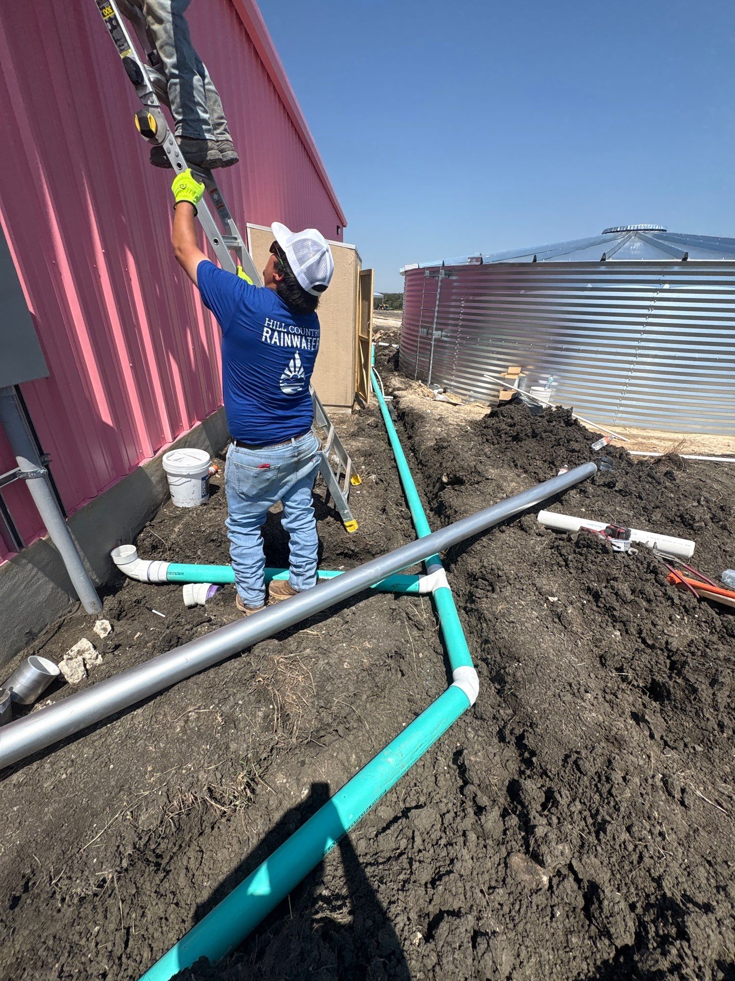46.4k Commercial Fire Tank-10 degree silo roof with bottle cap topper by Hill Country Rain Water
