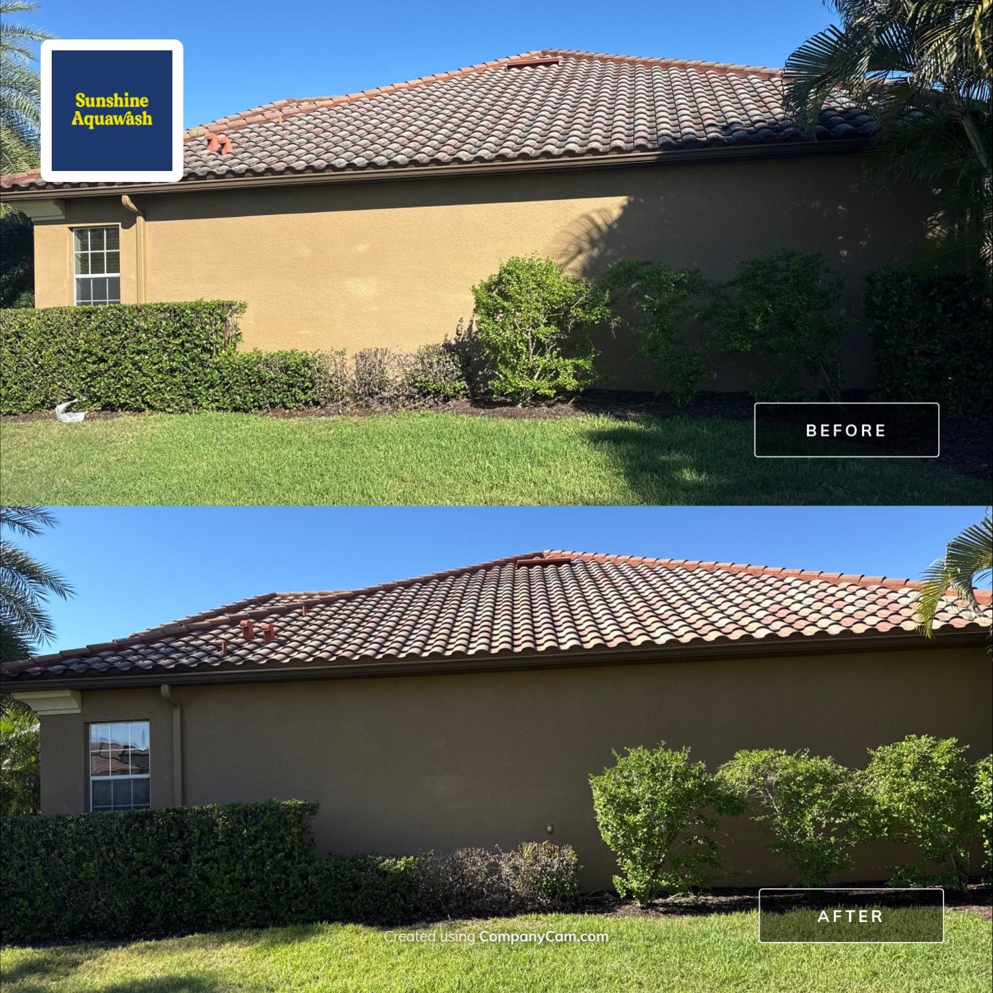 This project focused on a full gutter clean-out to restore proper water flow and prevent overflow issues.  Our scope of work included: 	•	Removing heavy leaf and pollen buildup from the gutter system 	•	Clearing out clogged sections along the rear gutters near the pool cage, where debris tends to accumulate more heavily 	•	Inspecting and cleaning the front gutter guards, which had several blocked areas restricting water flow 	•	Ensuring all downspouts and channels were flowing properly after service  Even with gutter guards installed, debris like pollen, shingle grit, and fine organic matter can still build up over time—especially in Florida’s environment. Regular maintenance helps prevent water damage, overflow, and staining on exterior surfaces.  Another thorough job completed by Sunshine AquaWash® – keeping homes protected from top to bottom. by Sunshine AquaWash