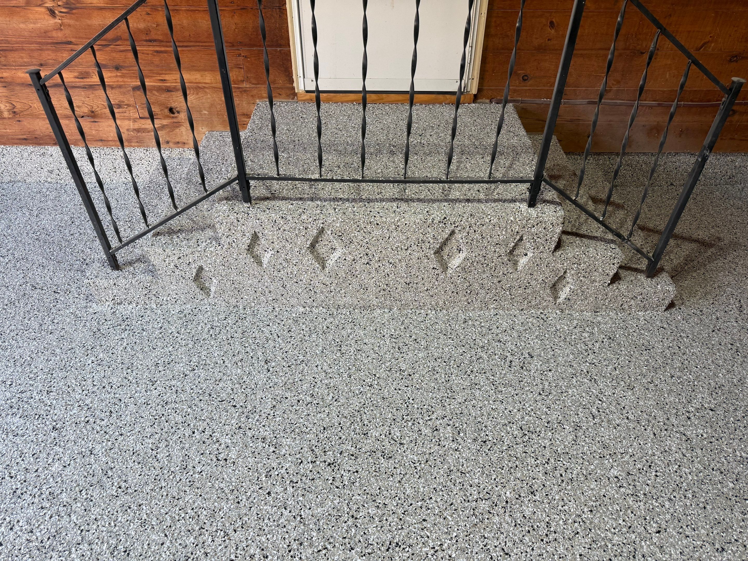 Multi-Colored Epoxy Garage Floor Coating and Concrete Stair Restoration by Select Painting, Coatings & Garage Cabinets