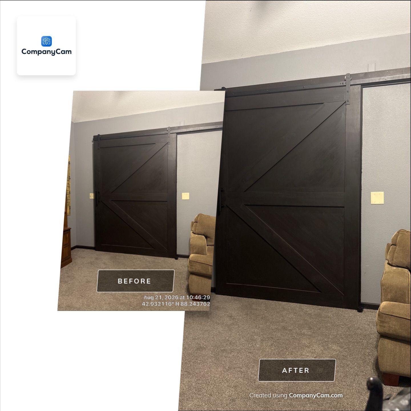 Interior Remodel With Sliding Barn Door and Custom Window Bench by CompanyCam Sales Demo