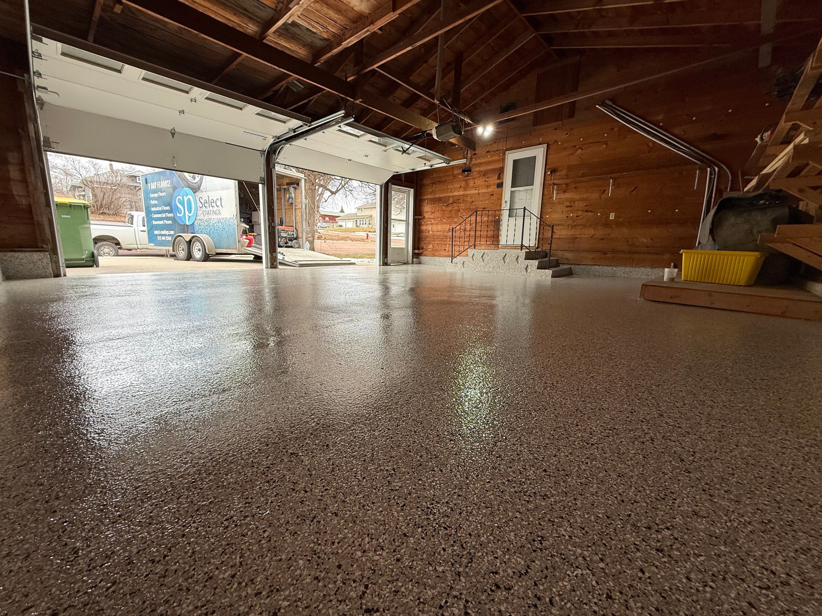 Multi-Colored Epoxy Garage Floor Coating and Concrete Stair Restoration by Select Painting, Coatings & Garage Cabinets