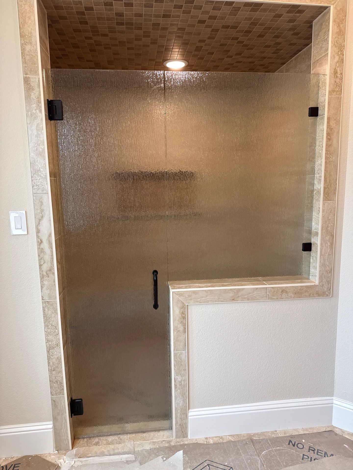 Frameless Rain Glass shower and Framed Mirror Project  by Richardson Glass & Mirror