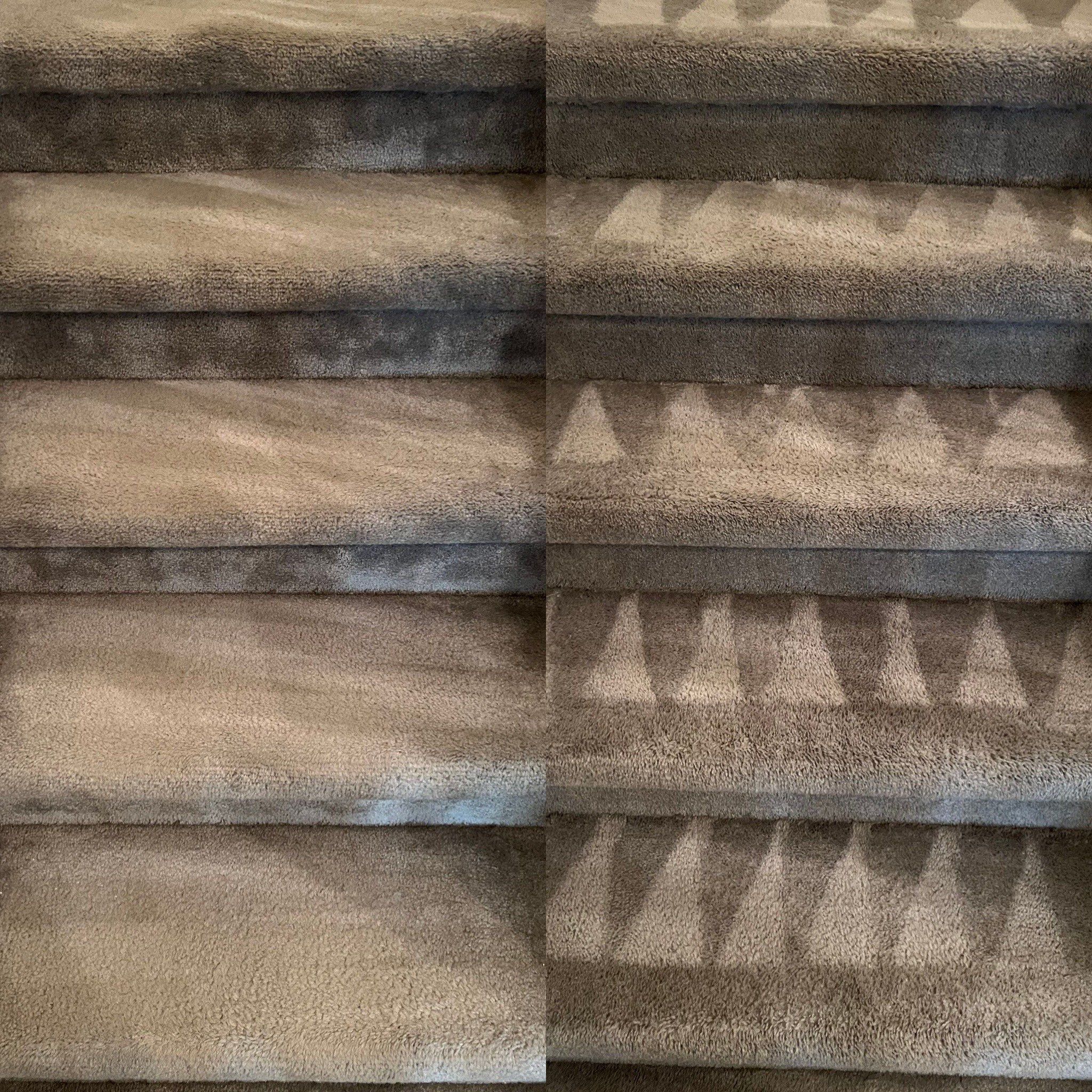 the image shows carpet cleaning on stairs with visible dirt removal and freshened appearance of the carpet fibers