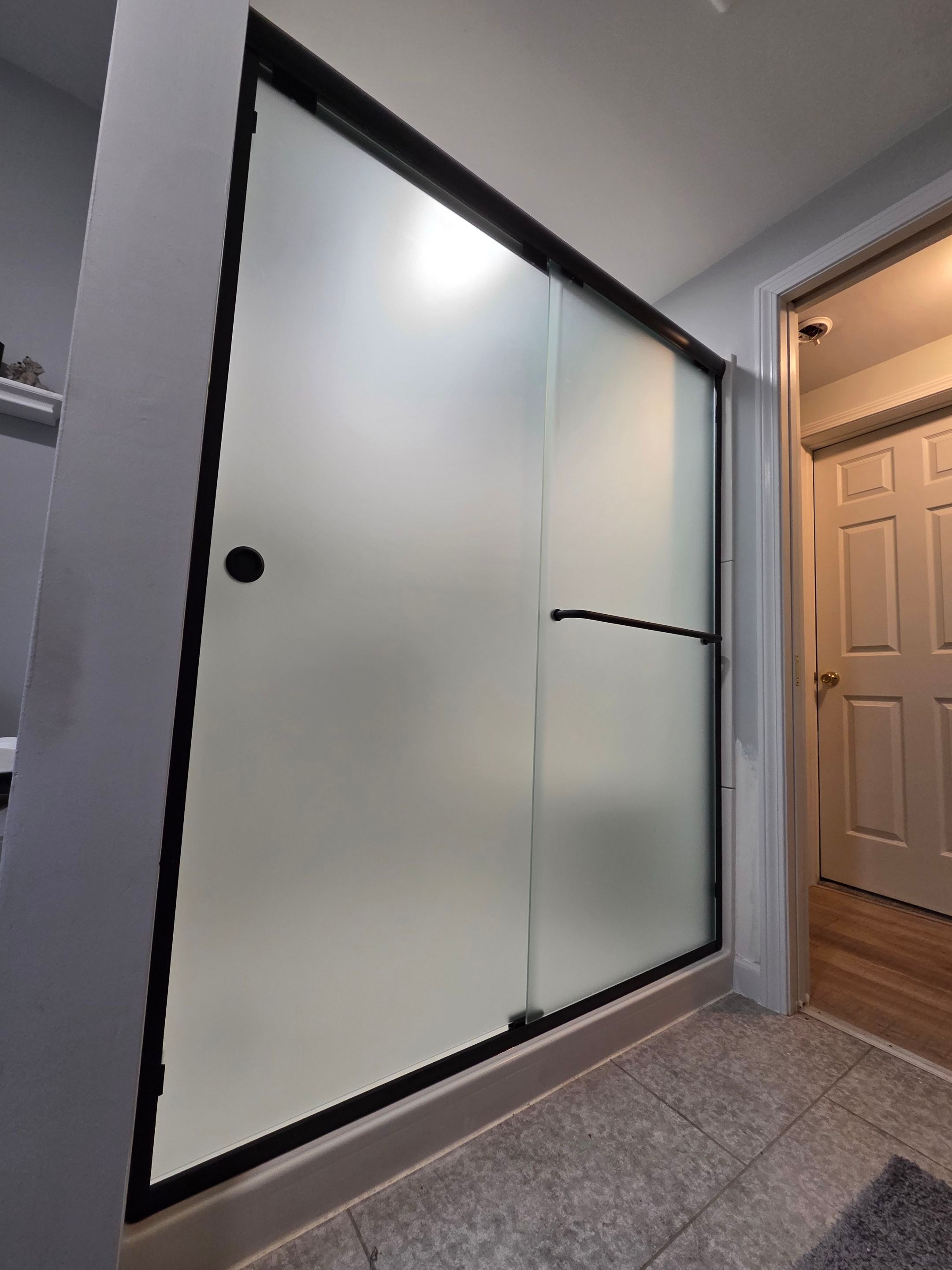 Shower using Acid Etched (Frosted) Tempered Shower Glass by Cheshire Glass Company