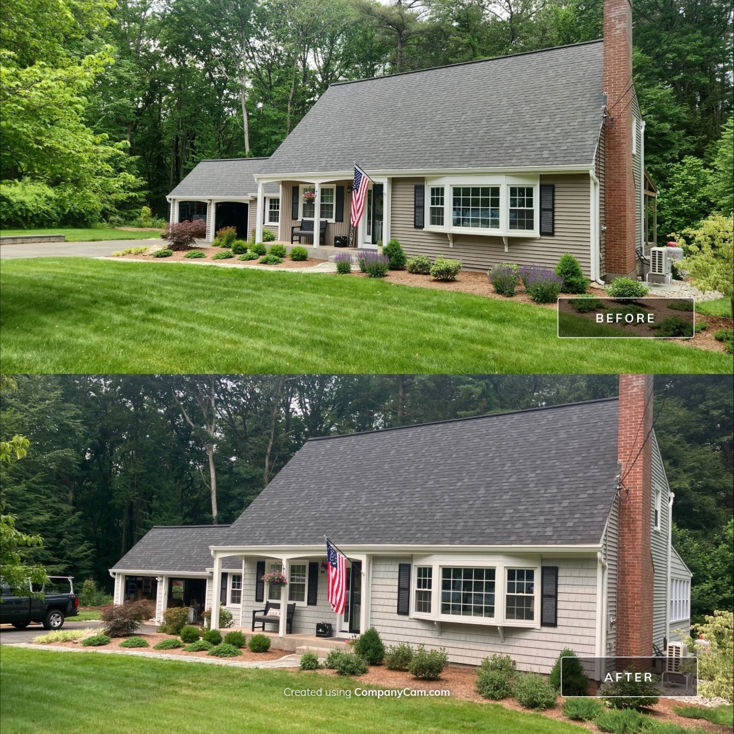 Siding Transformation with Cert Cedar Impressions D/7 Perfection Straight Bottom, Sterling Gray, and Cert Monogram D/4 x 12'6" Clapboard, Sterling Gray by DiGiorgi Roofing and Siding Inc