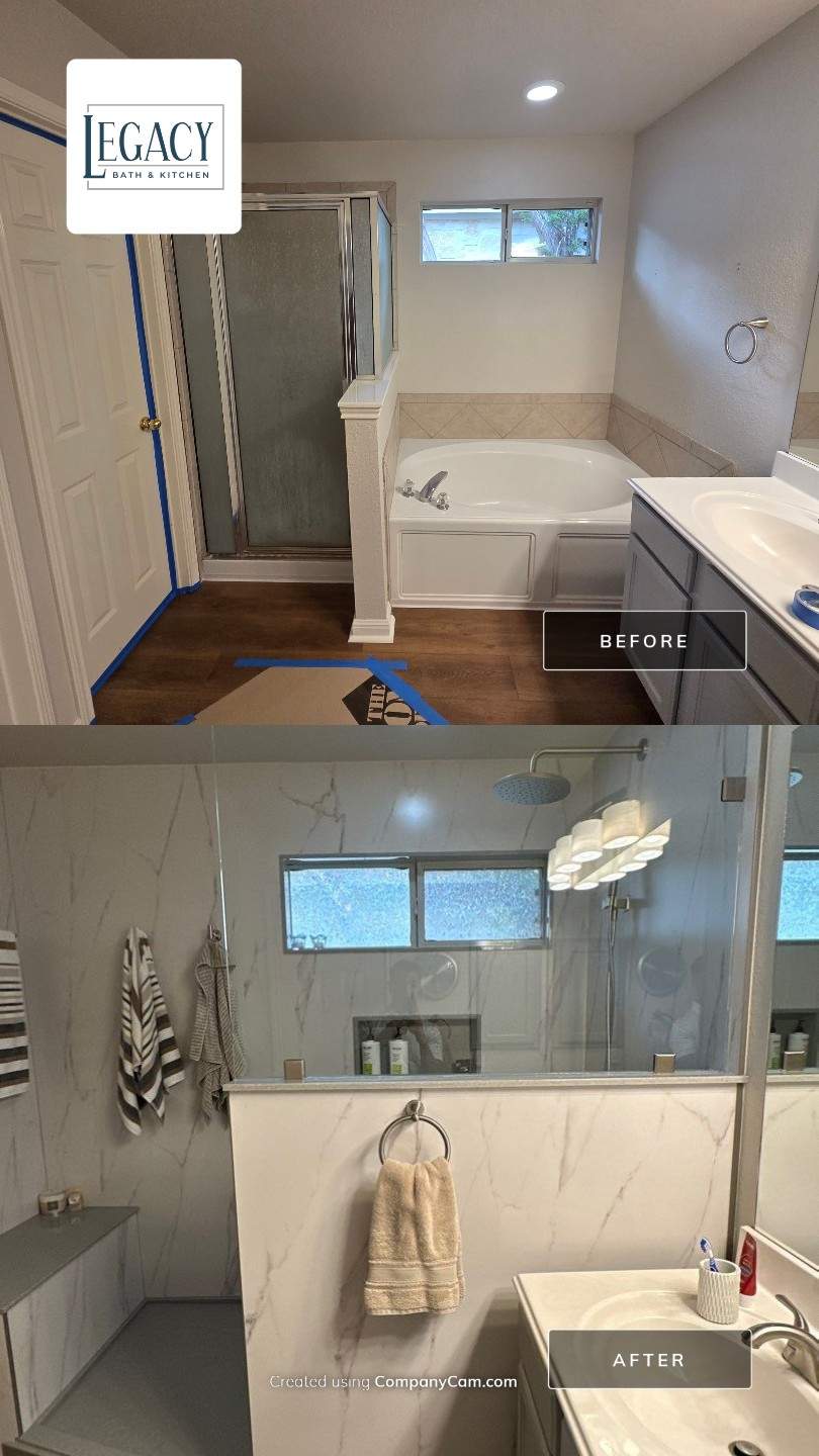 Stone Oak Garden Tub to Walk-In Shower Before and After by Legacy Bath and Kitchen 