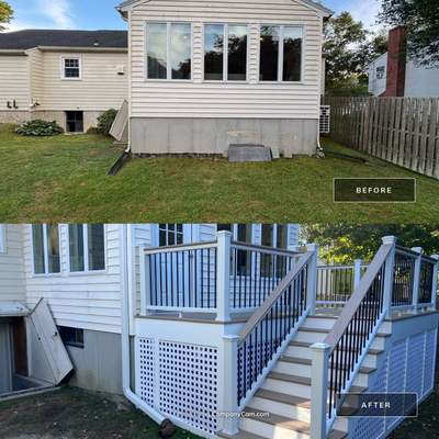 New Deck With Lattice enclosed bottom, Trex Lineage Carmel, Transcend cocktail rail. 