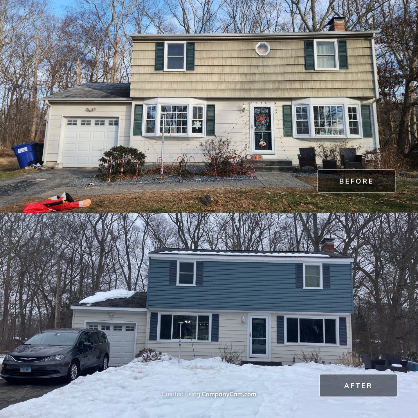 Siding Transformation with Certaplank S/7 insulated Herringbone, and Cert Monogram D/5x12' Dutchlap Wedgewood Blue by DiGiorgi Roofing and Siding Inc