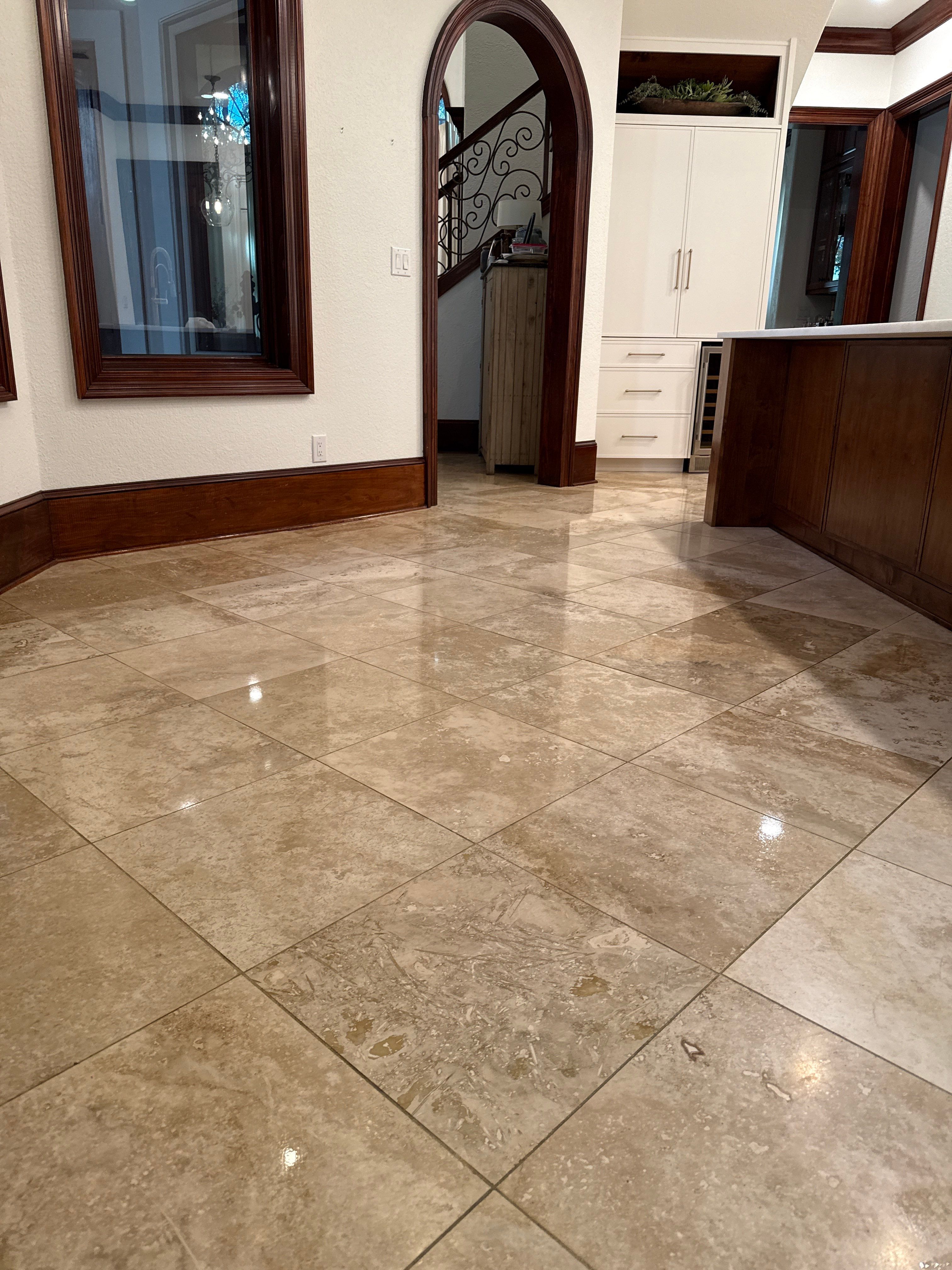 Polished Travertine Floor Restoration for Gulf Shores Residence by Cornerstone Hard Surface Restoration