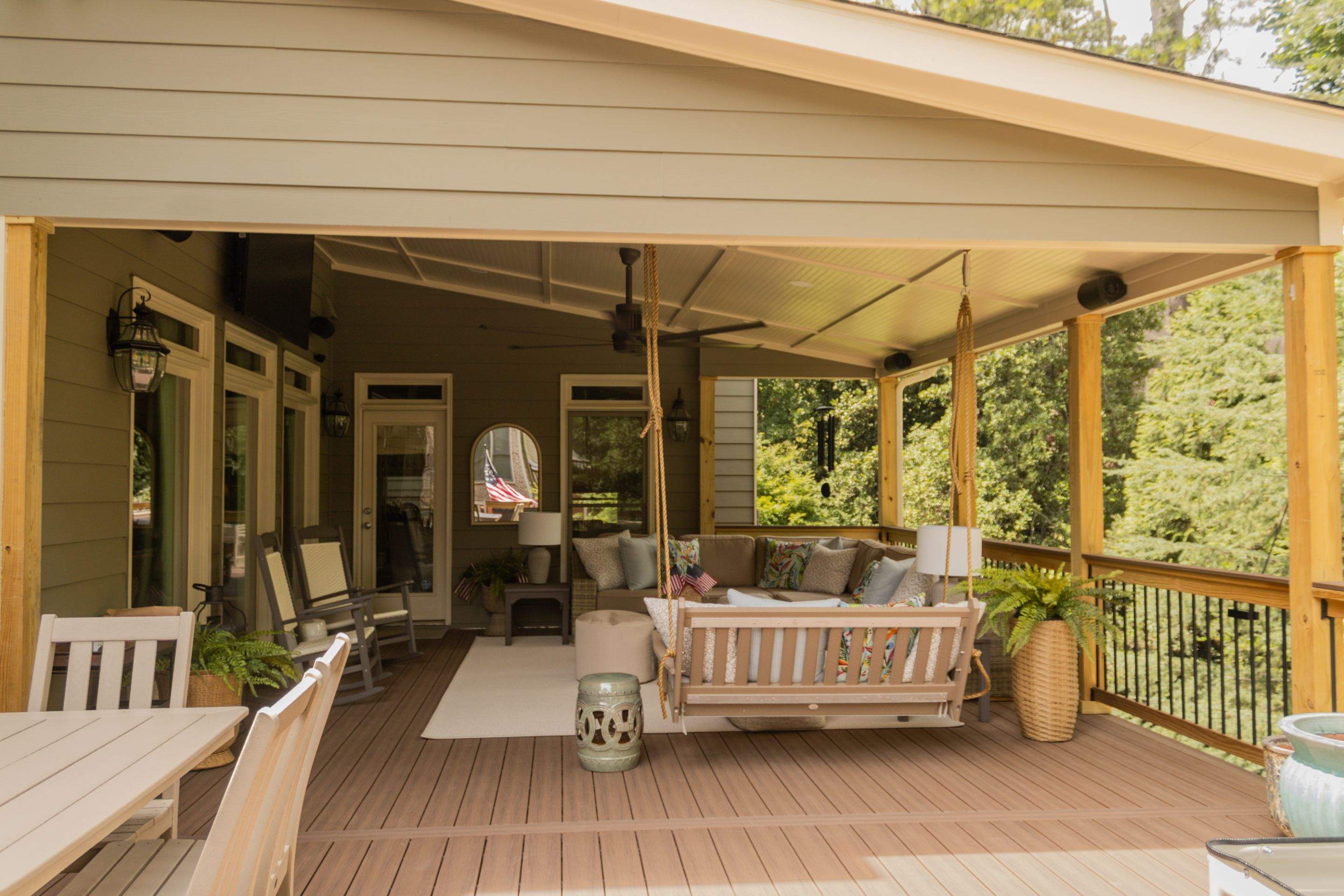 Tucker, GA Covered Porch Build and Deck Replacement using Deckorators Voyage Series Decking by Nelson Exteriors 