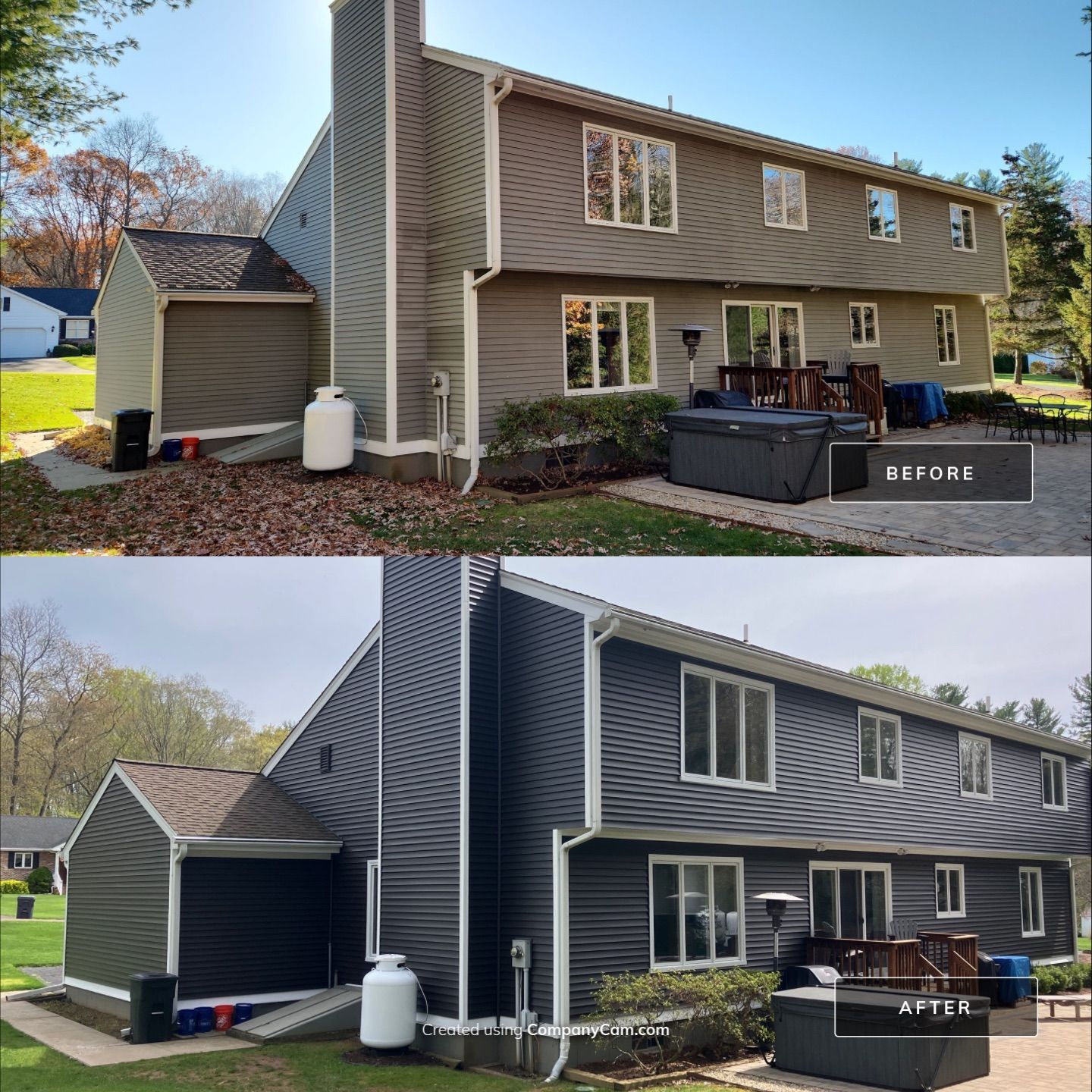 Siding transformation with Cert Monogram D/4 x16'8" clapboard Slate & Cert Monogram D/4 x 25' clapboard Slate by DiGiorgi Roofing and Siding Inc