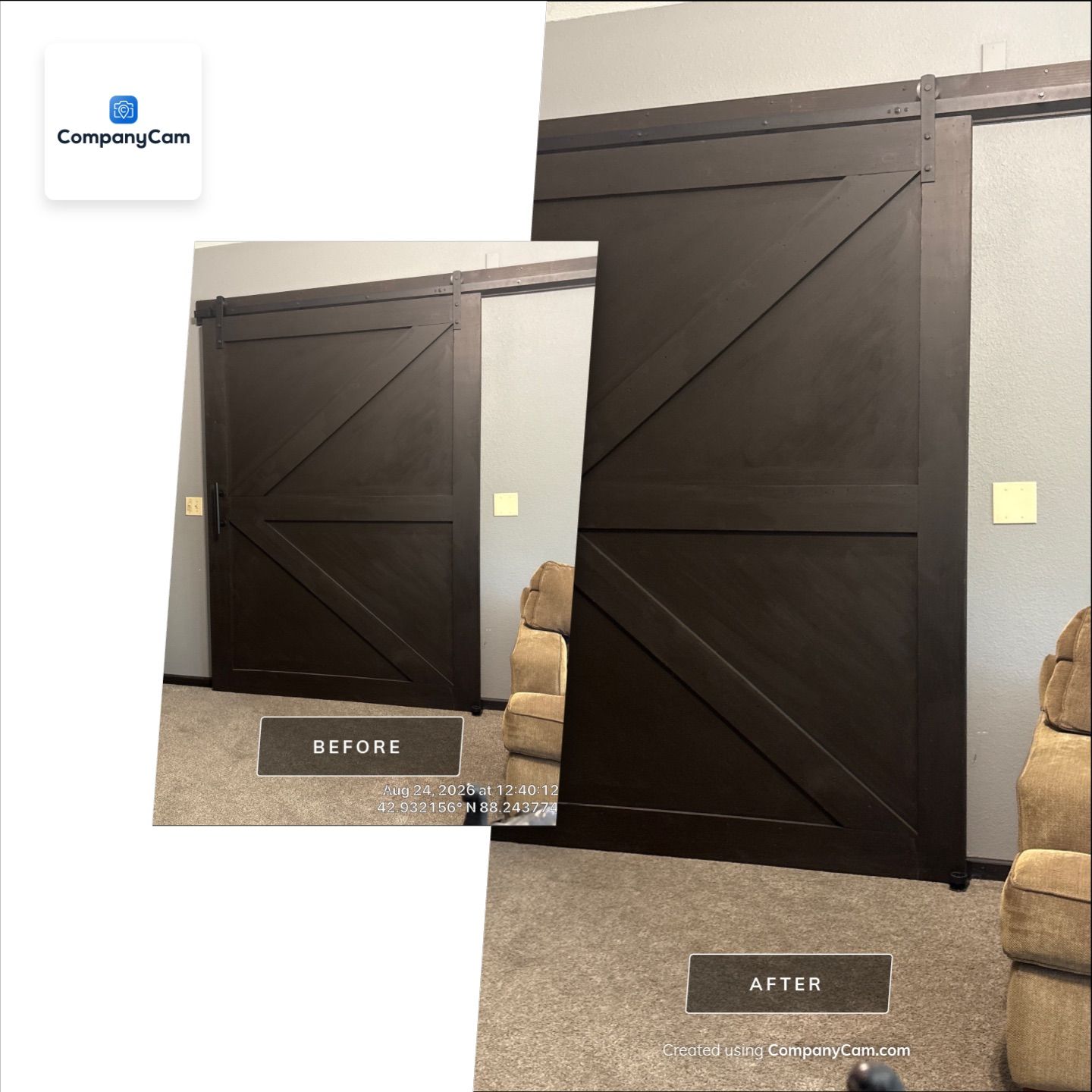Dark Stained Sliding Barn Door Installation in Waukesha by CompanyCam Sales Demo