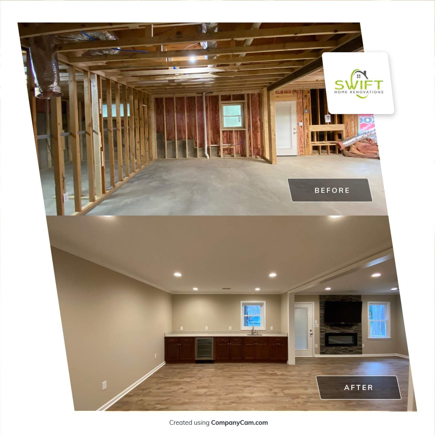 Acworth Basement Transformation With Wet Bar and Stone Fireplace by Swift Home Renovations