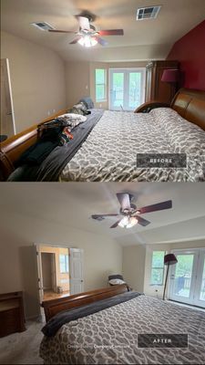 Before and after photo of a master bedroom repaint by Hill Country Painting in Cedar Park, TX
