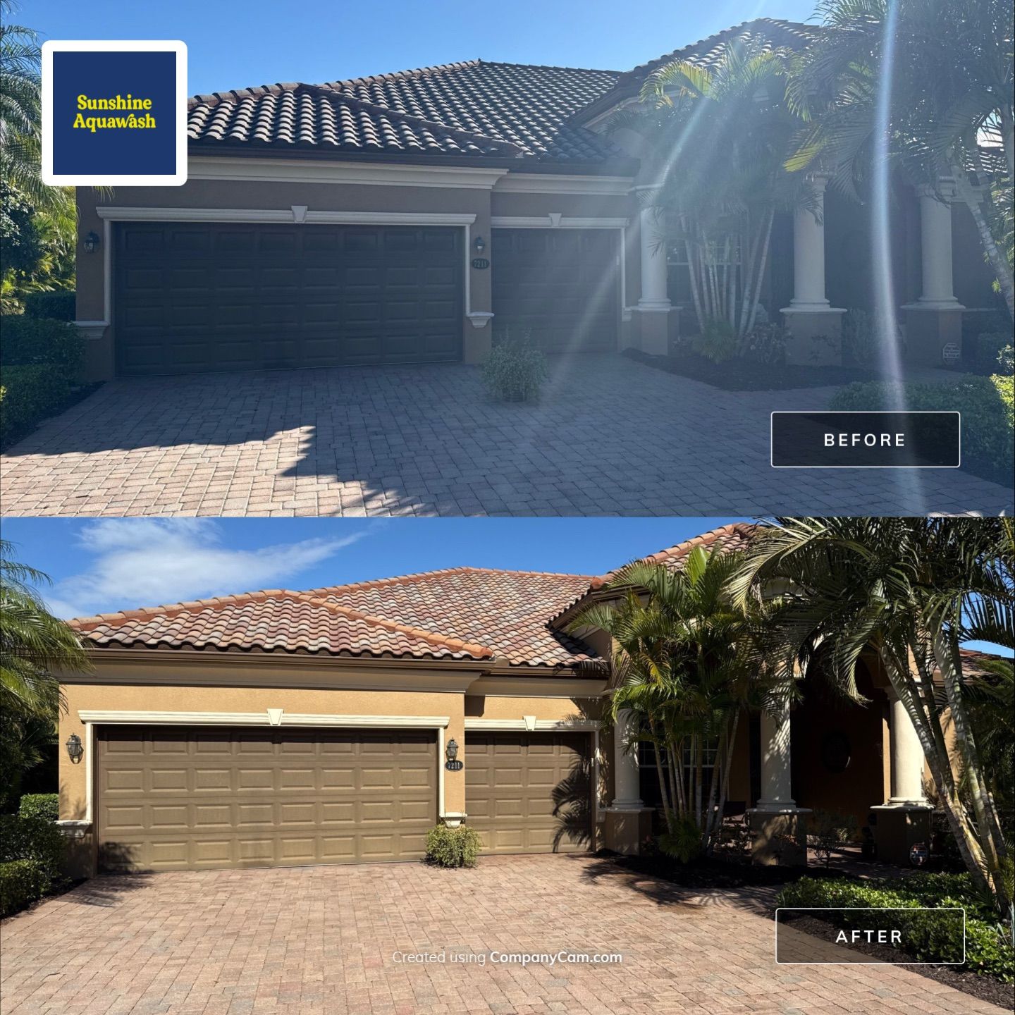 This project focused on a full gutter clean-out to restore proper water flow and prevent overflow issues.  Our scope of work included: 	•	Removing heavy leaf and pollen buildup from the gutter system 	•	Clearing out clogged sections along the rear gutters near the pool cage, where debris tends to accumulate more heavily 	•	Inspecting and cleaning the front gutter guards, which had several blocked areas restricting water flow 	•	Ensuring all downspouts and channels were flowing properly after service  Even with gutter guards installed, debris like pollen, shingle grit, and fine organic matter can still build up over time—especially in Florida’s environment. Regular maintenance helps prevent water damage, overflow, and staining on exterior surfaces.  Another thorough job completed by Sunshine AquaWash® – keeping homes protected from top to bottom. by Sunshine AquaWash