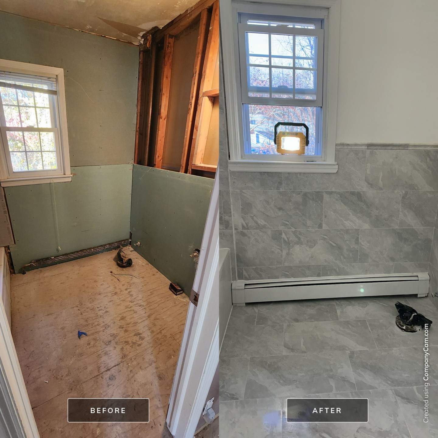 Bathroom Remodel using Porceline Tile from The Tile Shop by Footprints Floors Morristown