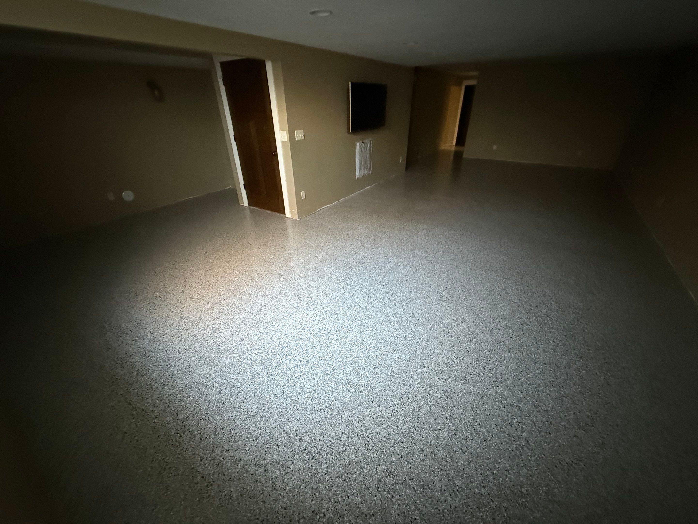 Decorative Flake Concrete Floor Coating for Larchwood Basement by Select Painting, Coatings & Garage Cabinets