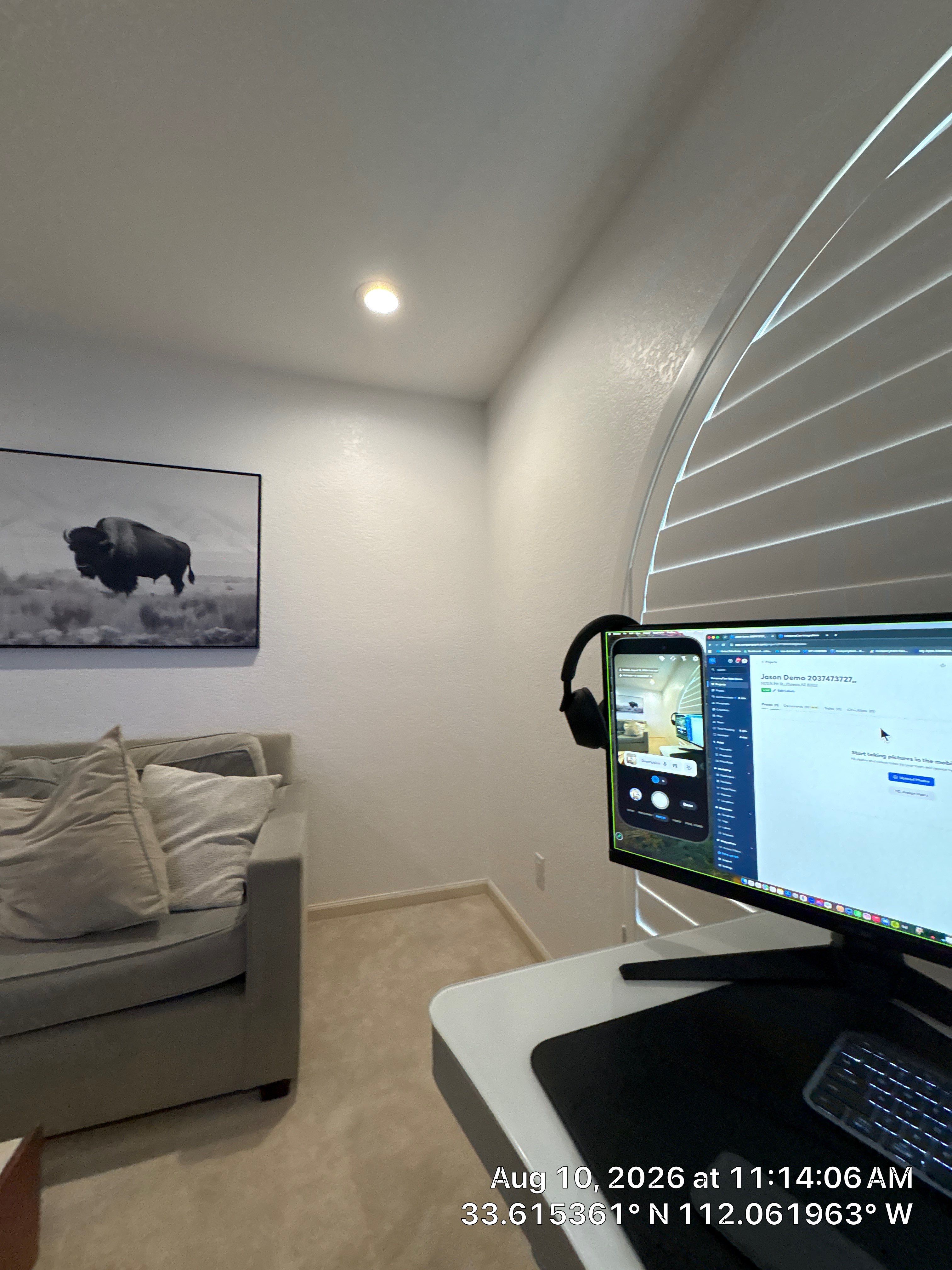 Home Office Setup with Arched Plantation Shutters in Phoenix by CompanyCam Sales Demo