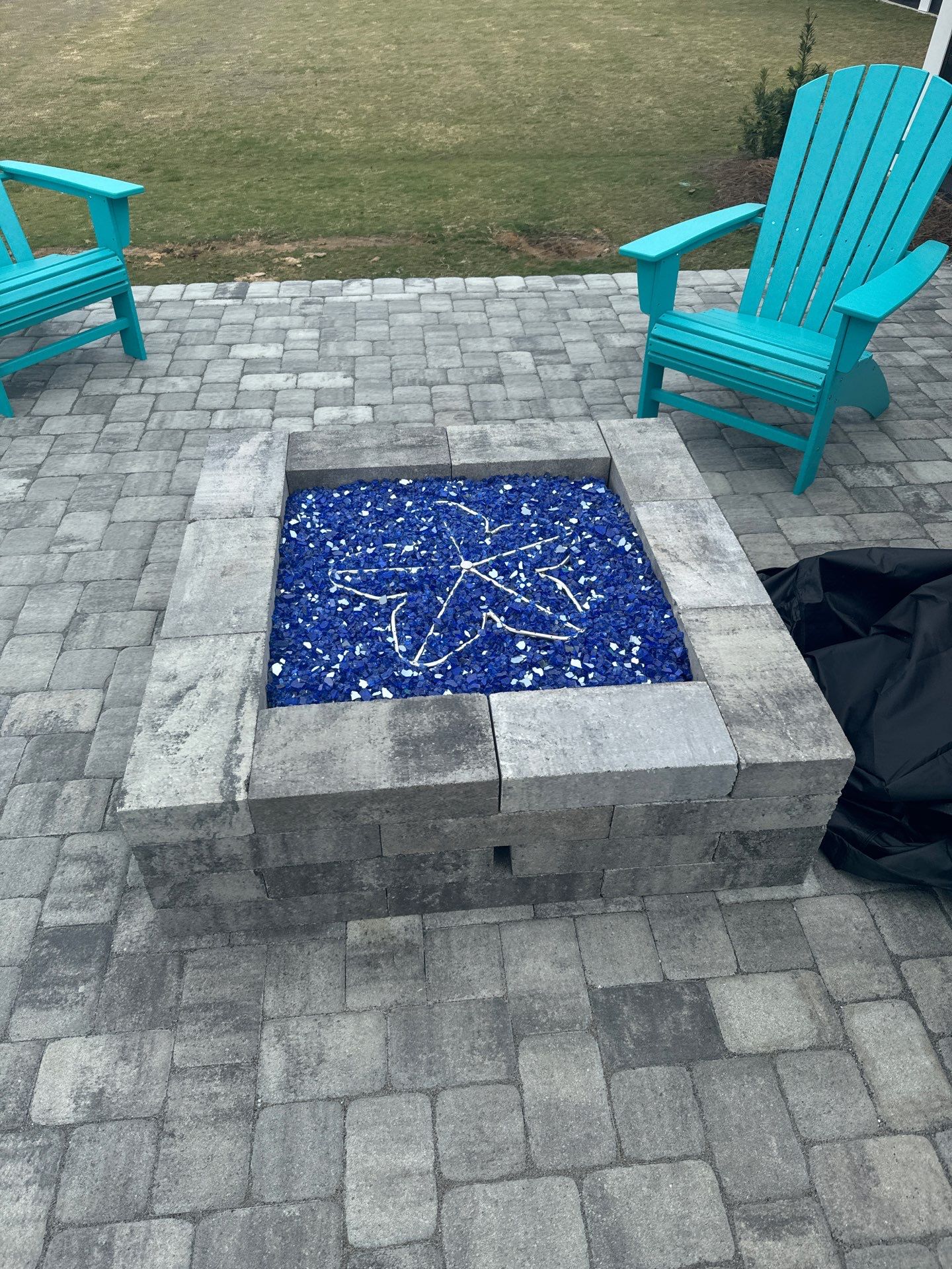 Custom Grey Paver Patio and Square Fire Pit in Hardeeville by Lowcountry Scapes, LLC