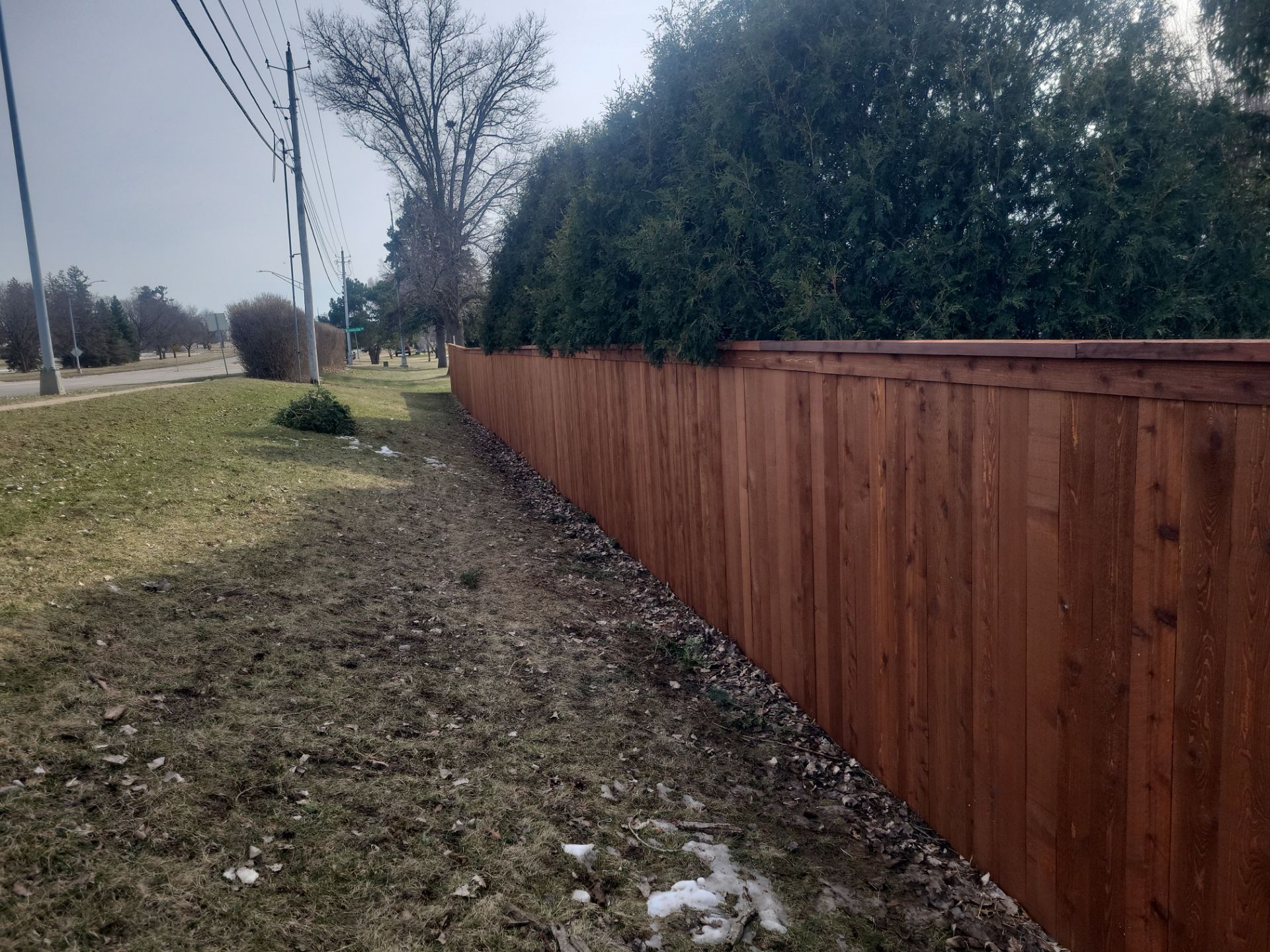 Custom Cedar Wood Privacy Fence with Double Gates and Integrated Planter Mailbox by Perfect Picket Fence and Stain