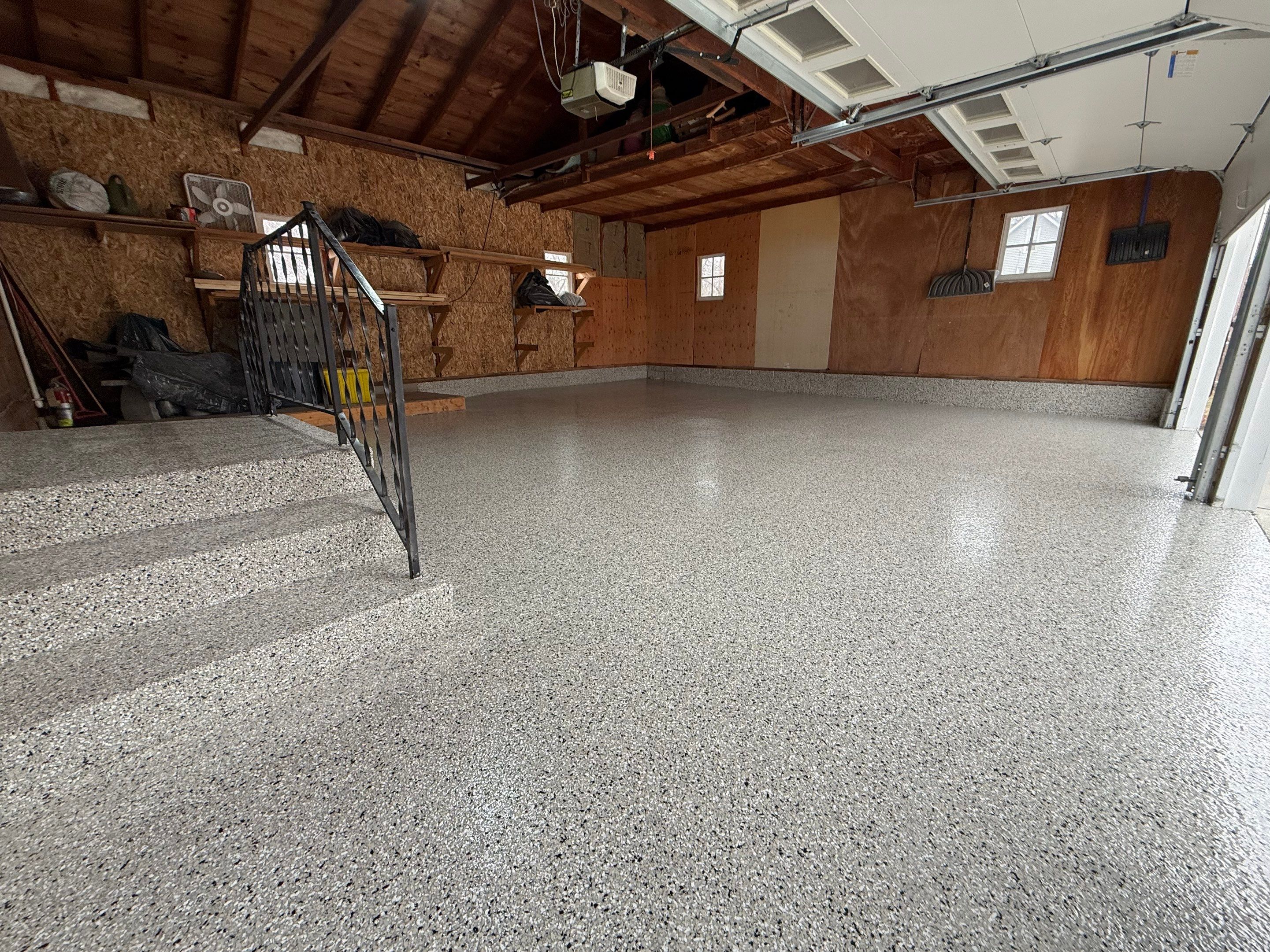 Multi-Colored Epoxy Garage Floor Coating and Concrete Stair Restoration by Select Painting, Coatings & Garage Cabinets