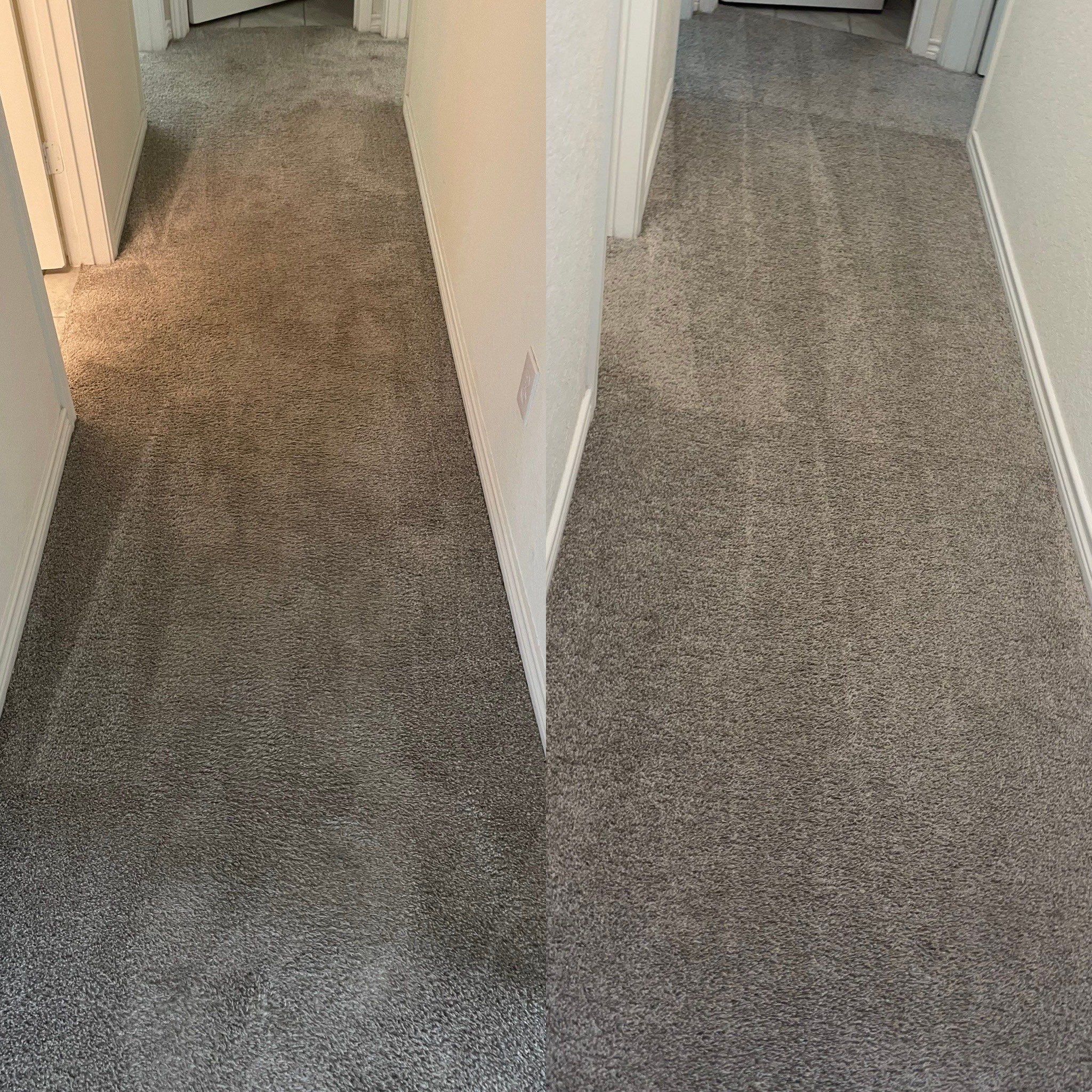 dirty carpet being professionally cleaned in san antonio hallway looks significantly cleaner and brighter after the service