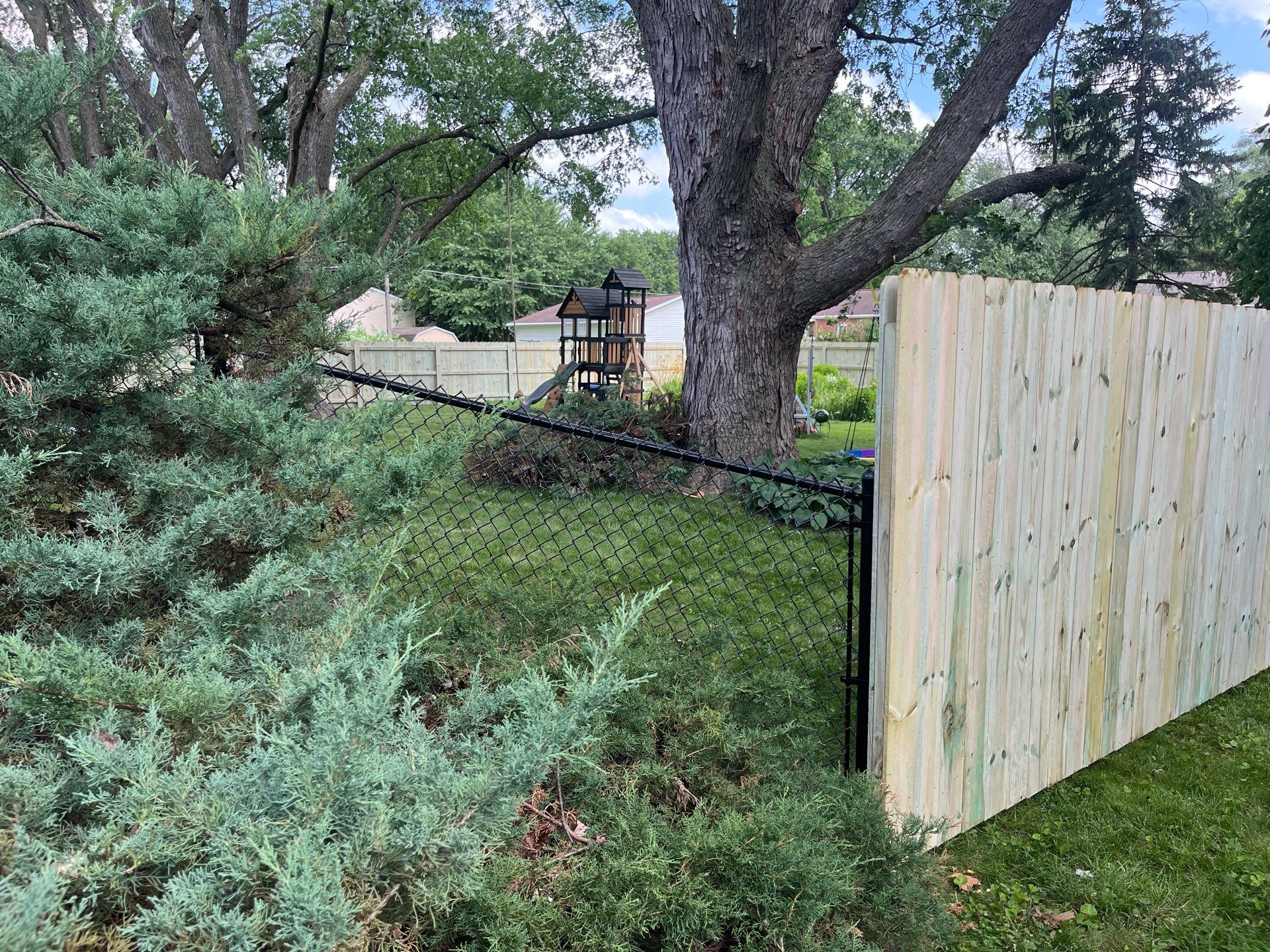 Custom Treated Pine Privacy Fence and Chain Link Installation in Cedar Falls by Perfect Picket Fence and Stain