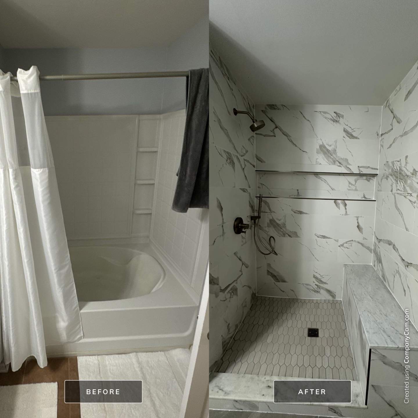 Tub to walk-in shower conversion, and tile flooring by Prudencio
