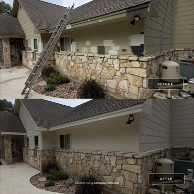 Before and after photo of rear exterior siding repainted by Hill Country Painting in Briarcliff, TX