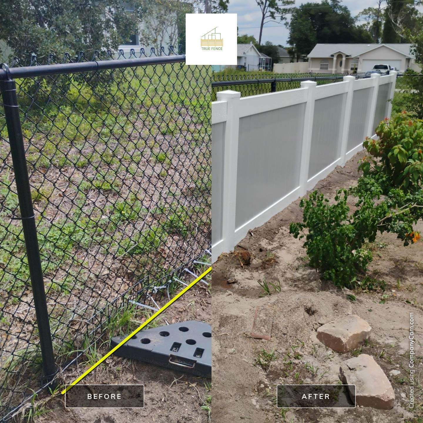 White and Gray Vinyl Privacy Fence Installation in North Port by True Fence LLC
