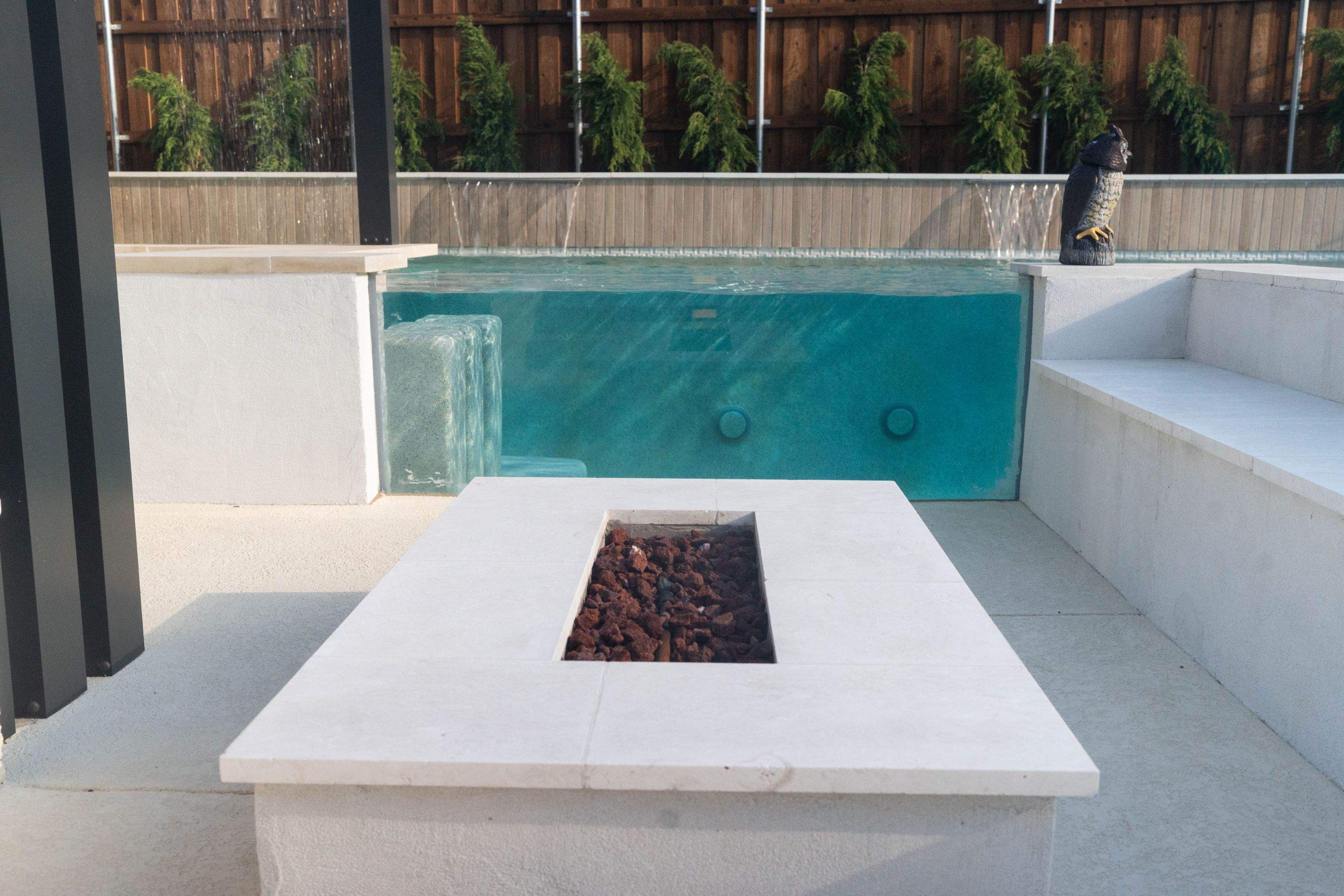 Modern Geometric Pool with Cabana and Fire Feature by Pinnacle Pools and Spas - DFW