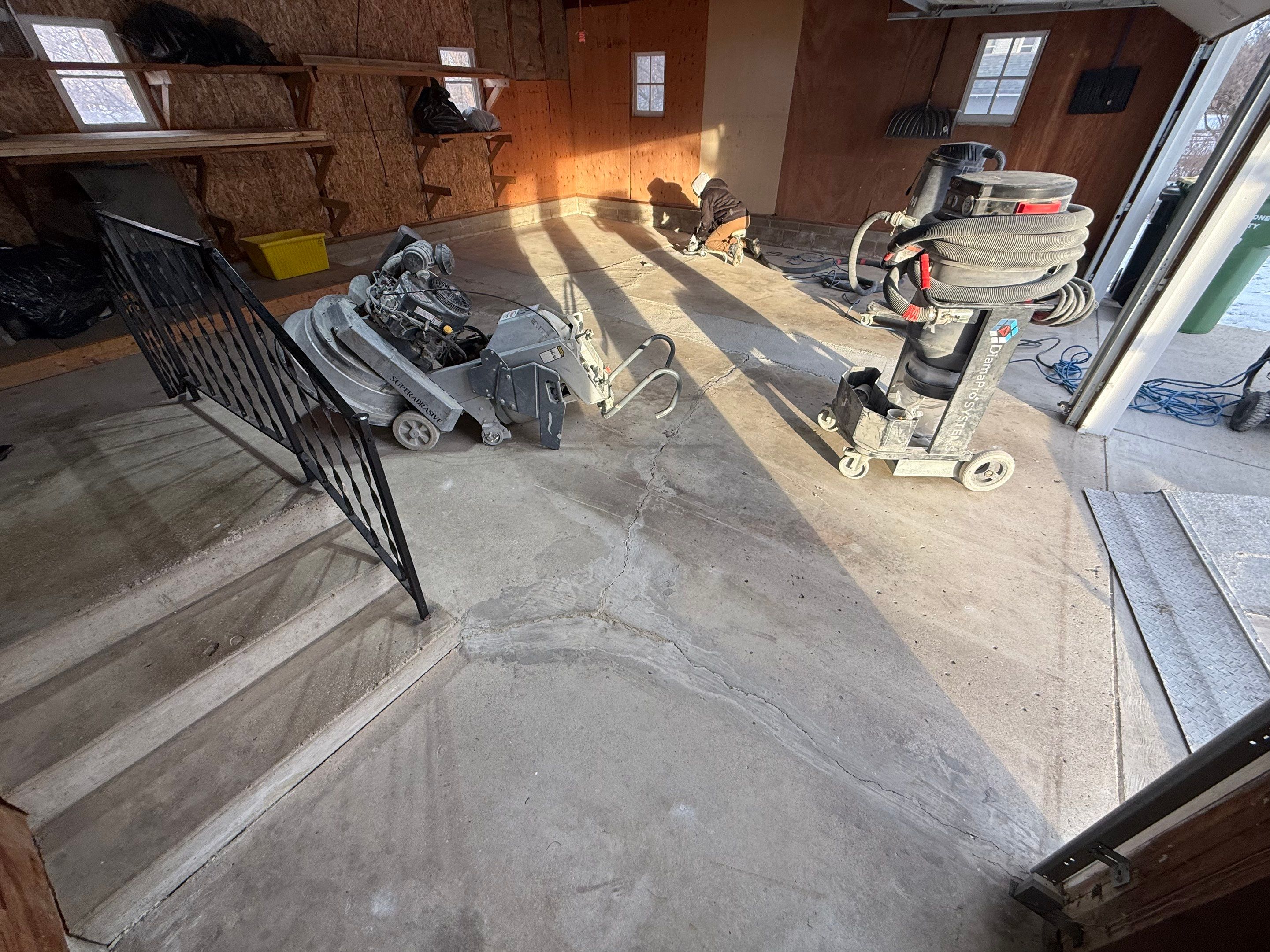 Multi-Colored Epoxy Garage Floor Coating and Concrete Stair Restoration by Select Painting, Coatings & Garage Cabinets