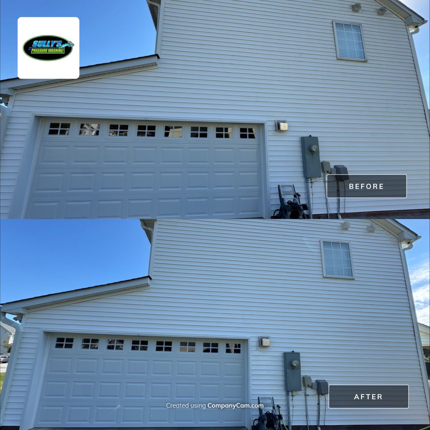 the service shown is washing the exterior vinyl siding and garage door to remove dirt and grime for a clean appearance