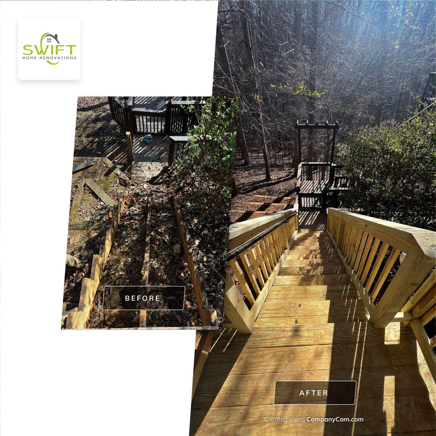 Custom Wooden Hillside Stairway Replacement with Pergola Landing in Canton by Swift Home Renovations