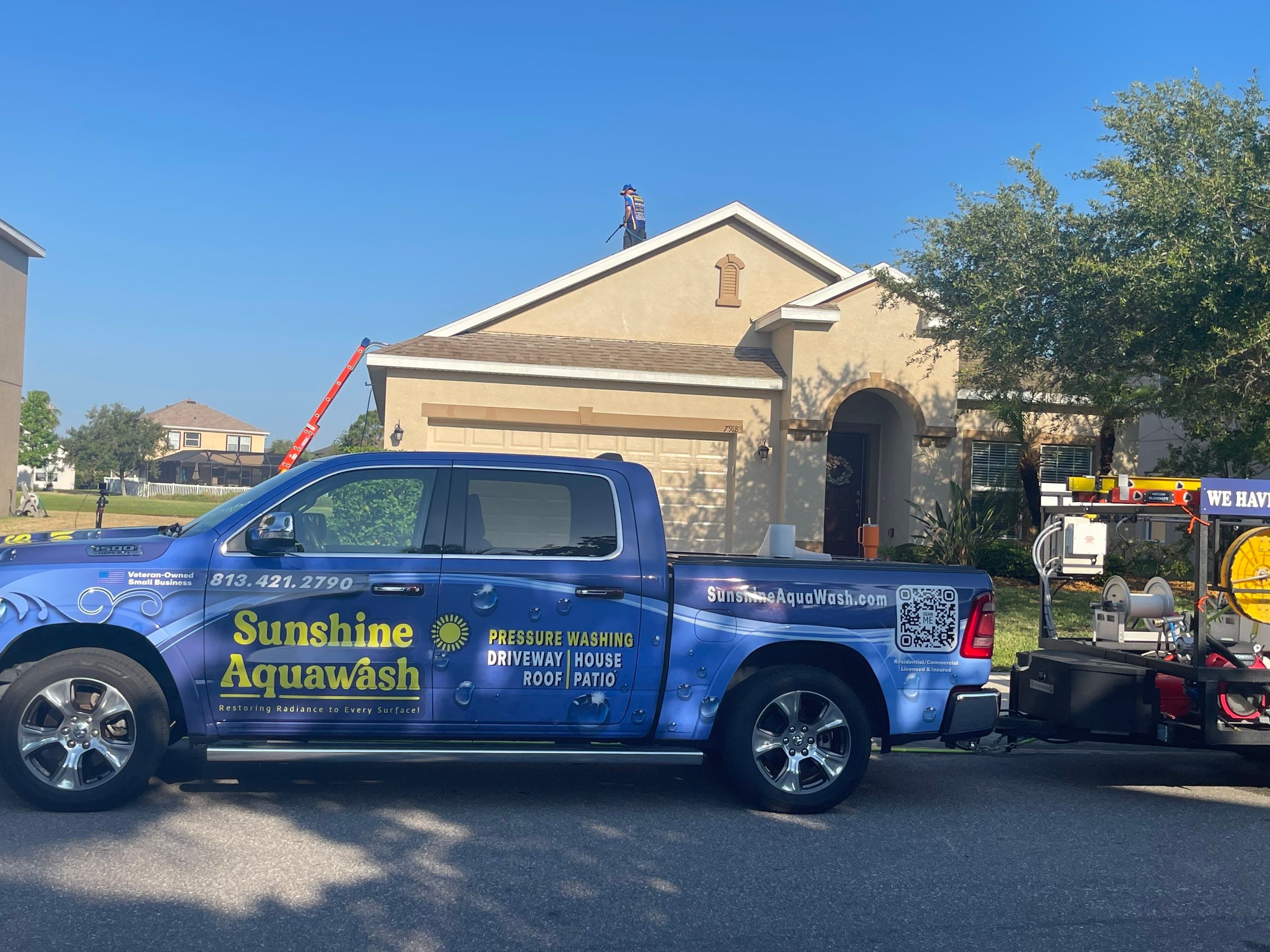 Asphalt Shingle Roof Soft Wash Cleaning & Concrete Pressure Washing in CopperStone Community, Parrish, FL by Sunshine AquaWash