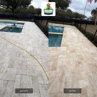 Travertine Pool Deck & Barrel Tile Roof Cleaning