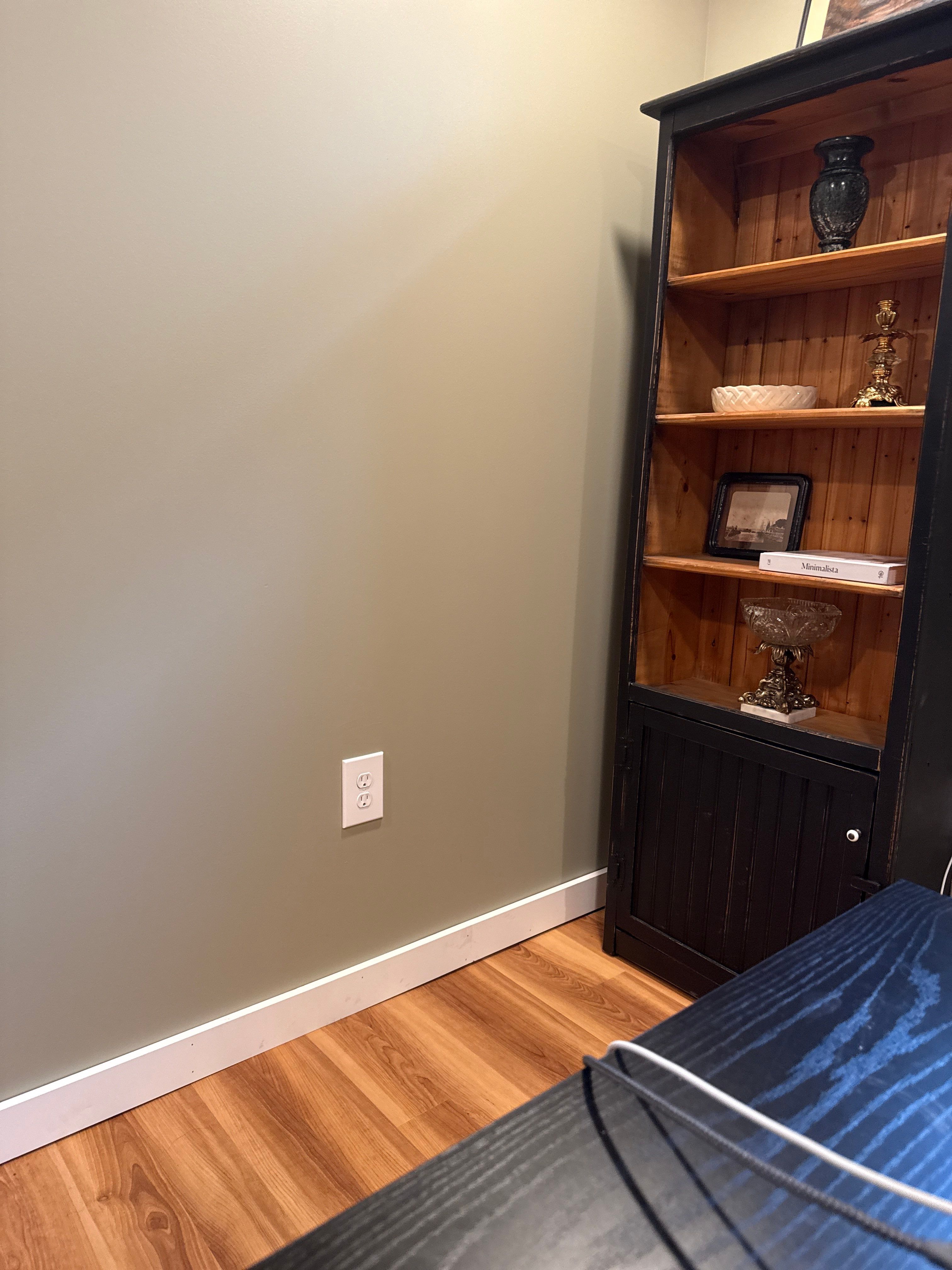 Home Office Setup with Sage Walls and Dark Wood Shelving by CompanyCam Sales Demo