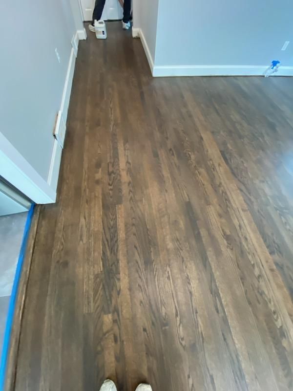 Sand & Refinish Red Oak with Duraseal Jacobean and Bona Mega Satin Finish using Dureaseal Jacobean and Bona Mega by Footprints Floors Morristown