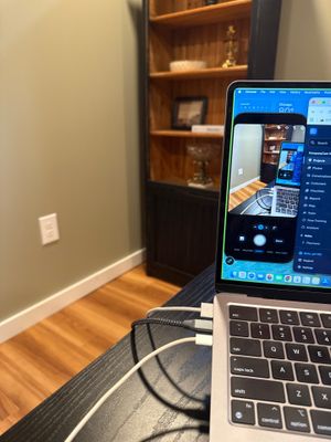 Home Office Setup with Sage Walls and Dark Wood Shelving