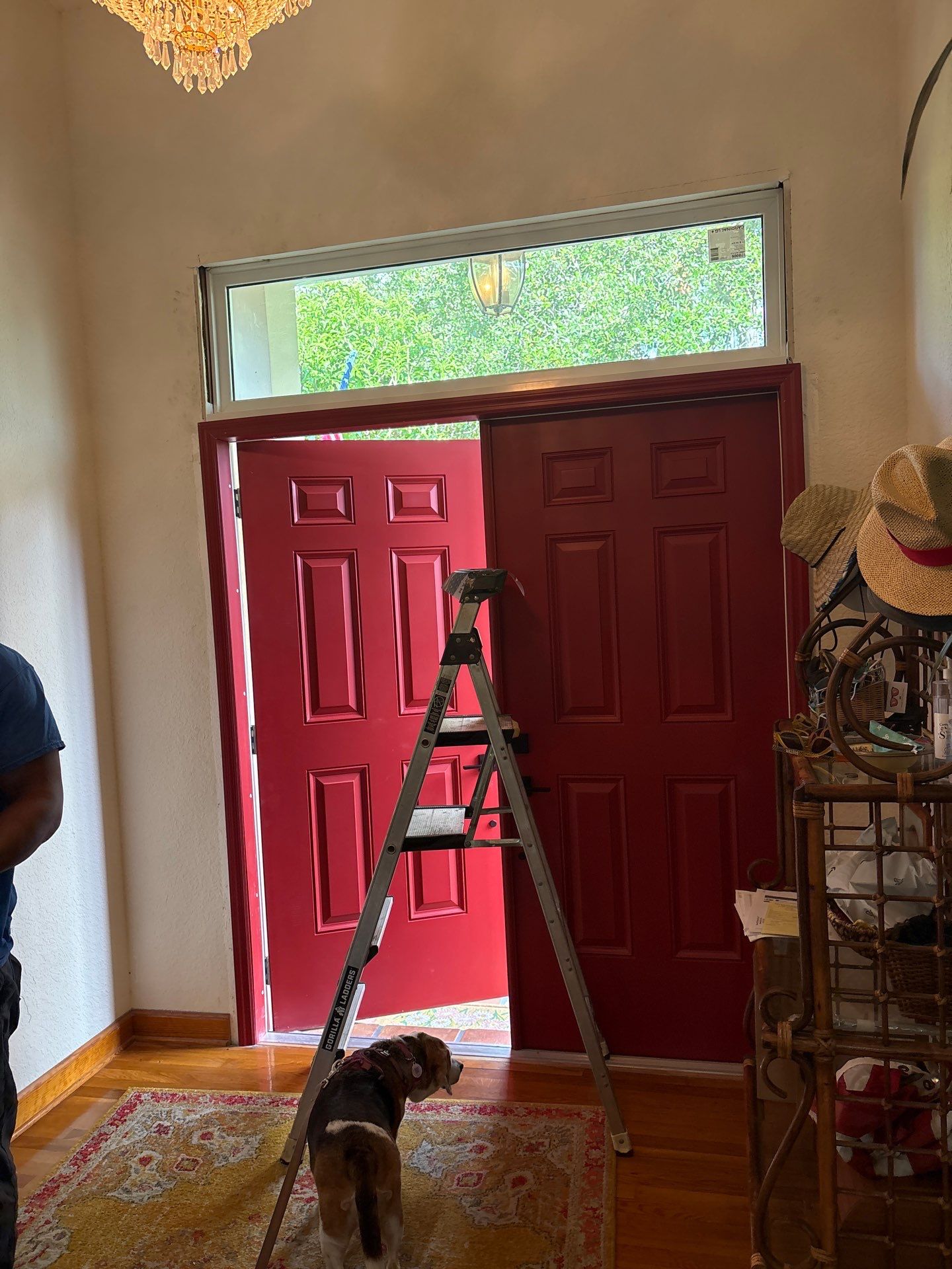 Red Double Entry Door and Transom Window Installation in Golden Beach by The Door Doctor of South Florida, Inc.