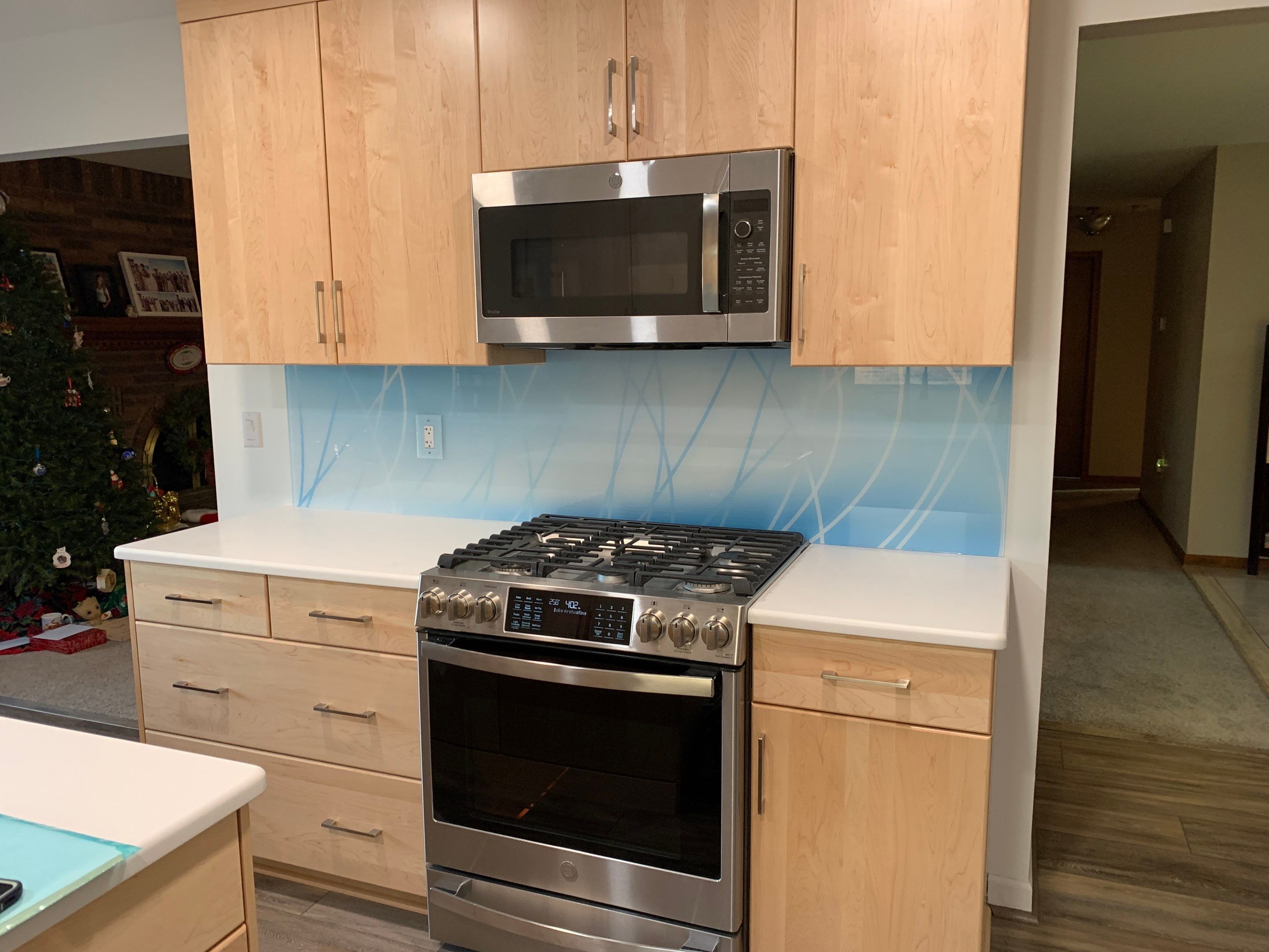 Kitchen Remodel using Misty Curves Blue IMAGIO Solid Glass Backsplash by IMAGIO