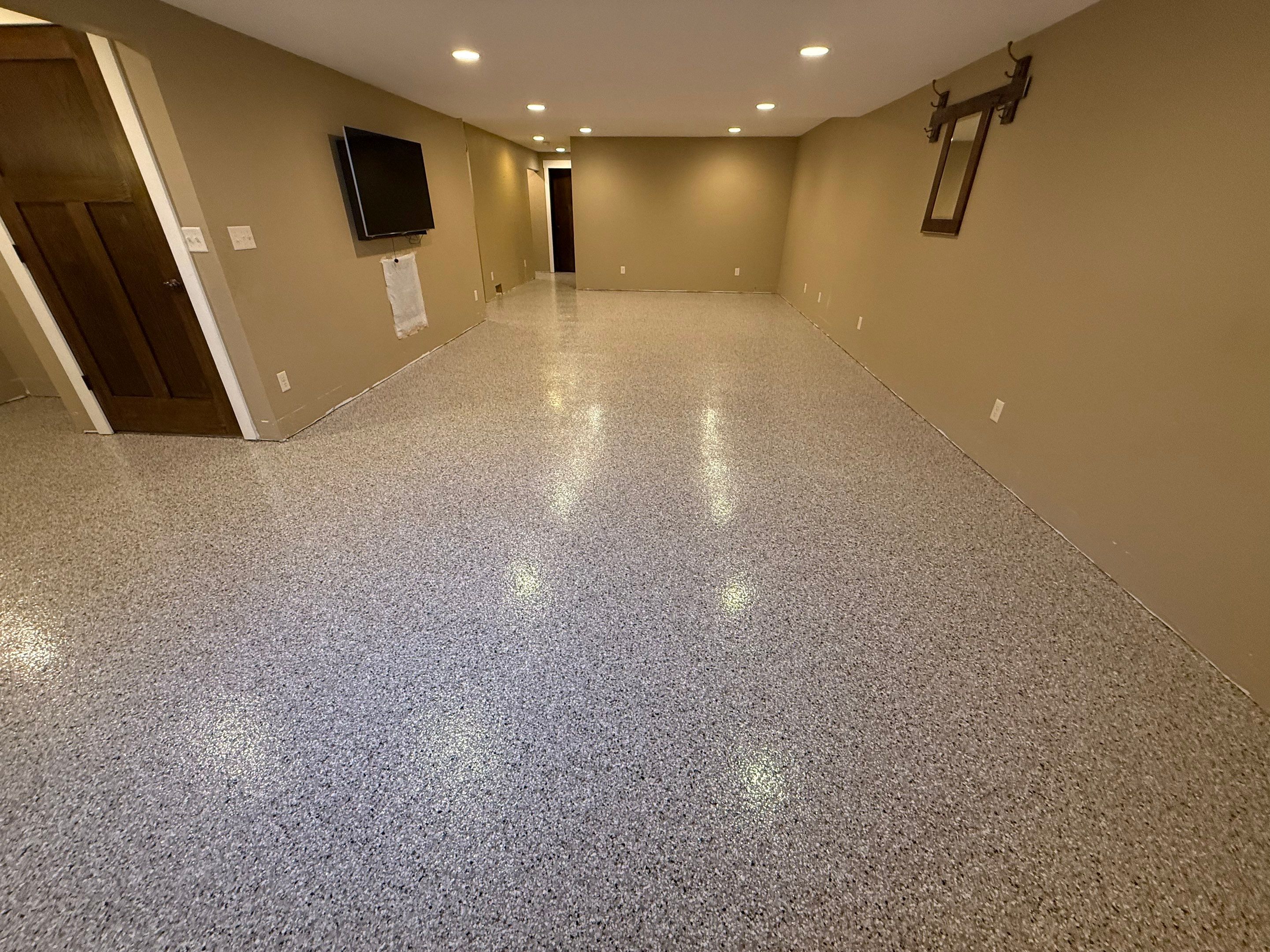 Decorative Flake Concrete Floor Coating for Larchwood Basement by Select Painting, Coatings & Garage Cabinets