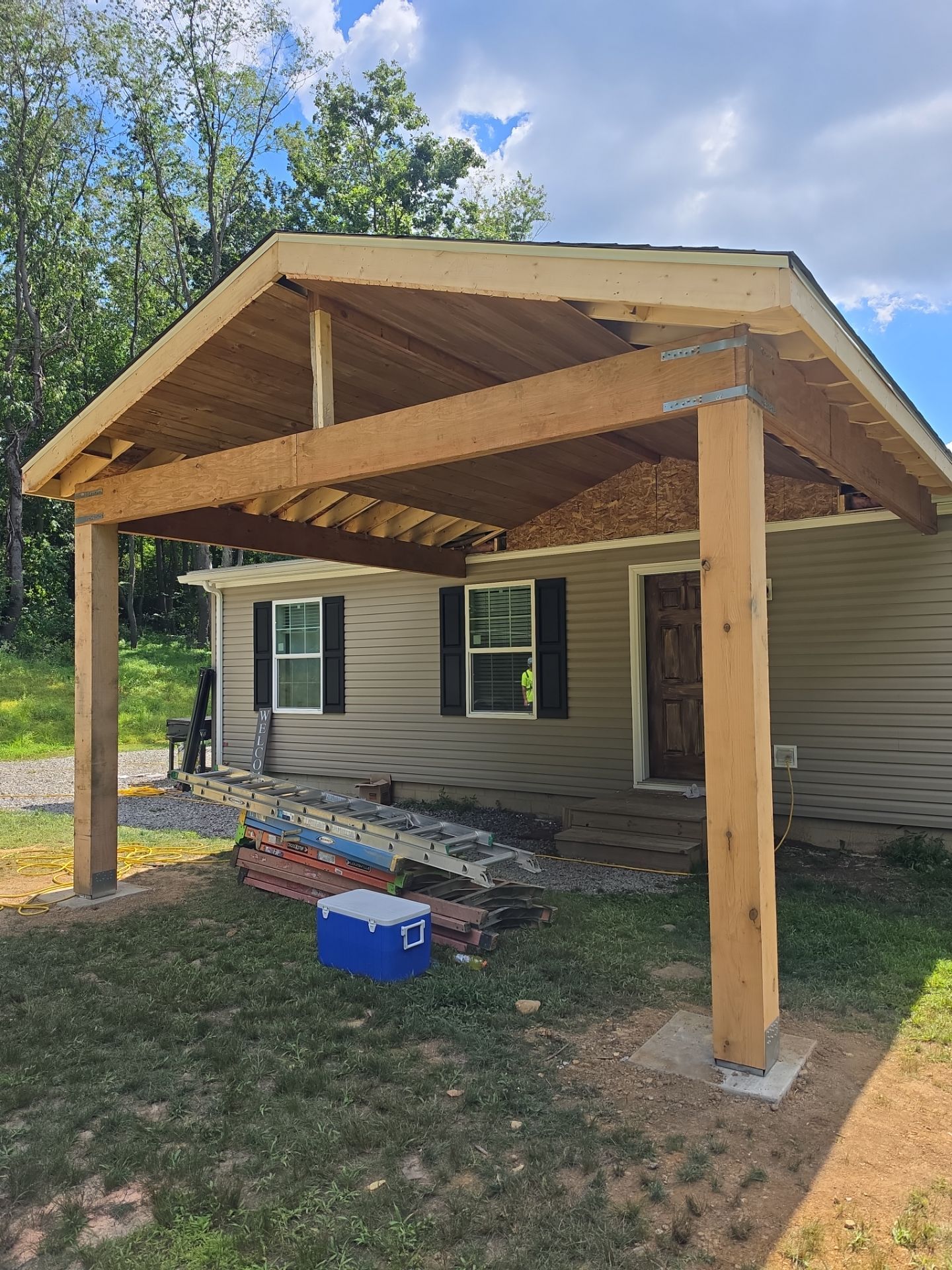 Custom Timber Frame Gable Porch Addition in Leechburg by Cousins Roofing Siding & Decks
