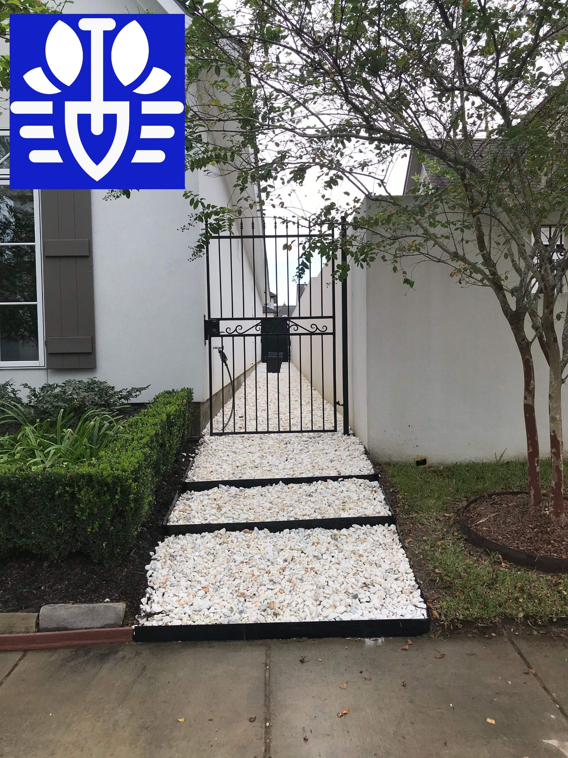 LANDSCAPE SERVICES using MARBLE CHIPS and METAL EDGING by CutScape, LLC.