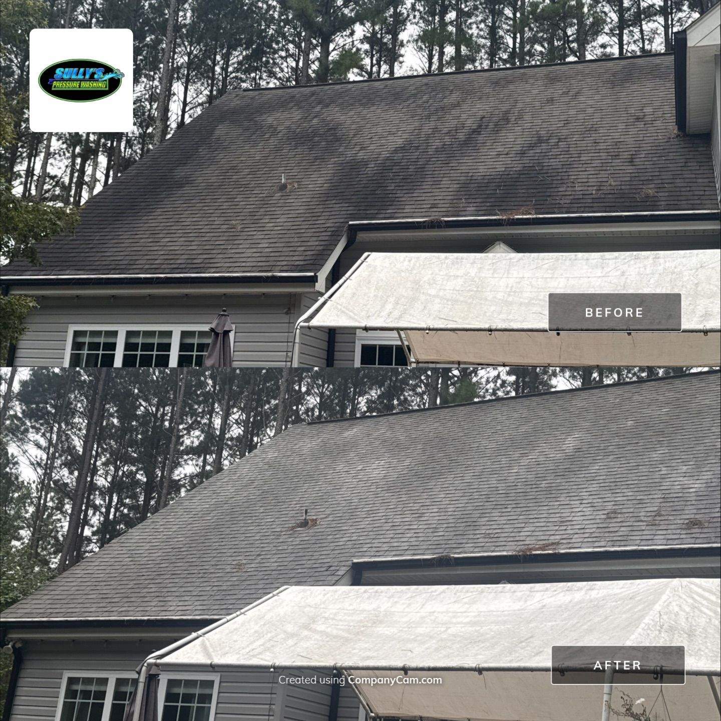 the roof is being cleaned of dirt and debris using pressure washing techniques to restore its appearance and functionality