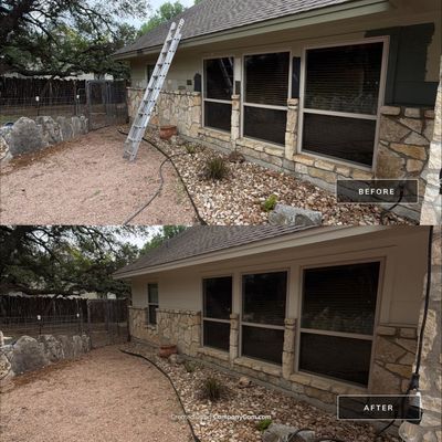 Before and after photo of a home's side wall repainted by Hill Country Painting in Briarcliff, TX