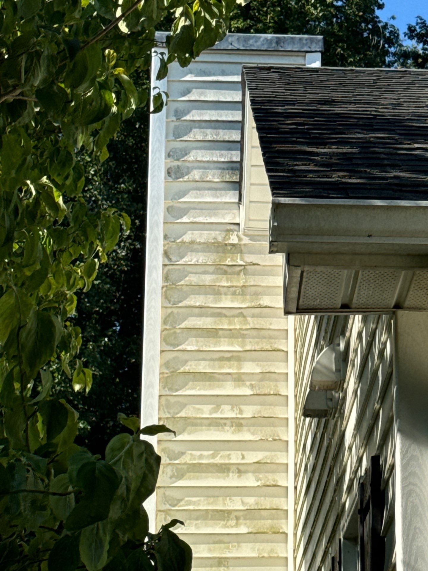 house washing service being performed on siding to remove dirt and grime on exterior wall