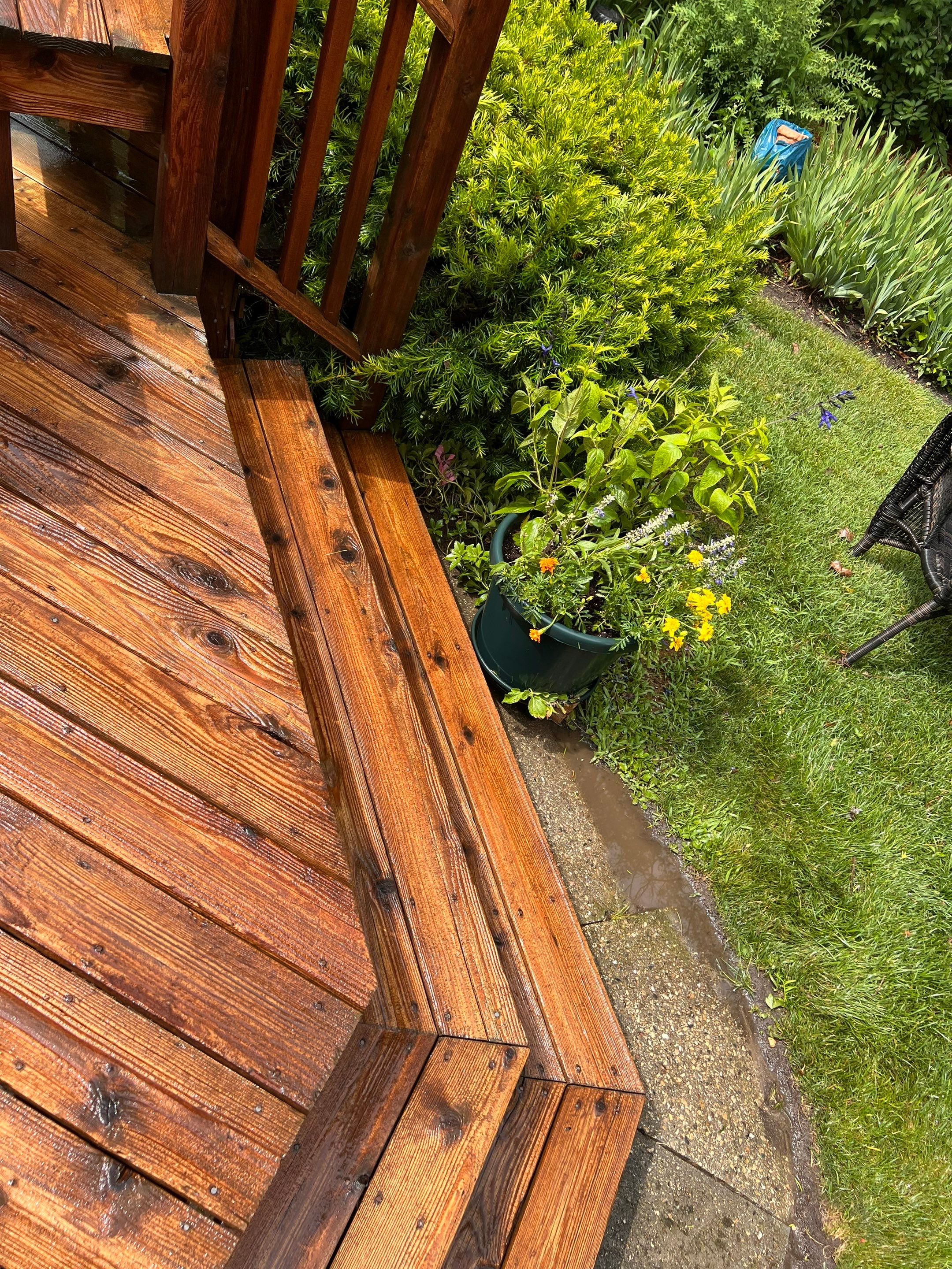 Wood deck cleaning, board replacement and staining by Northern Power Washing LLC.