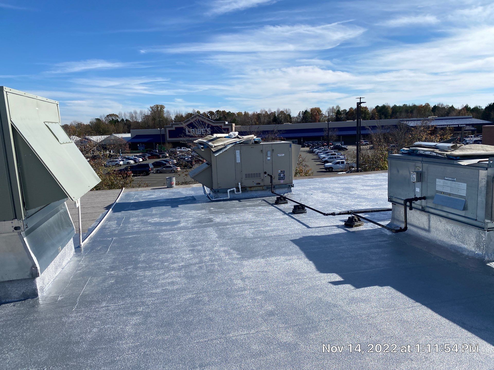 Commercial Coating using Poly Urerthane and Silicone Coating by Just In Time Roofing and Restoration
