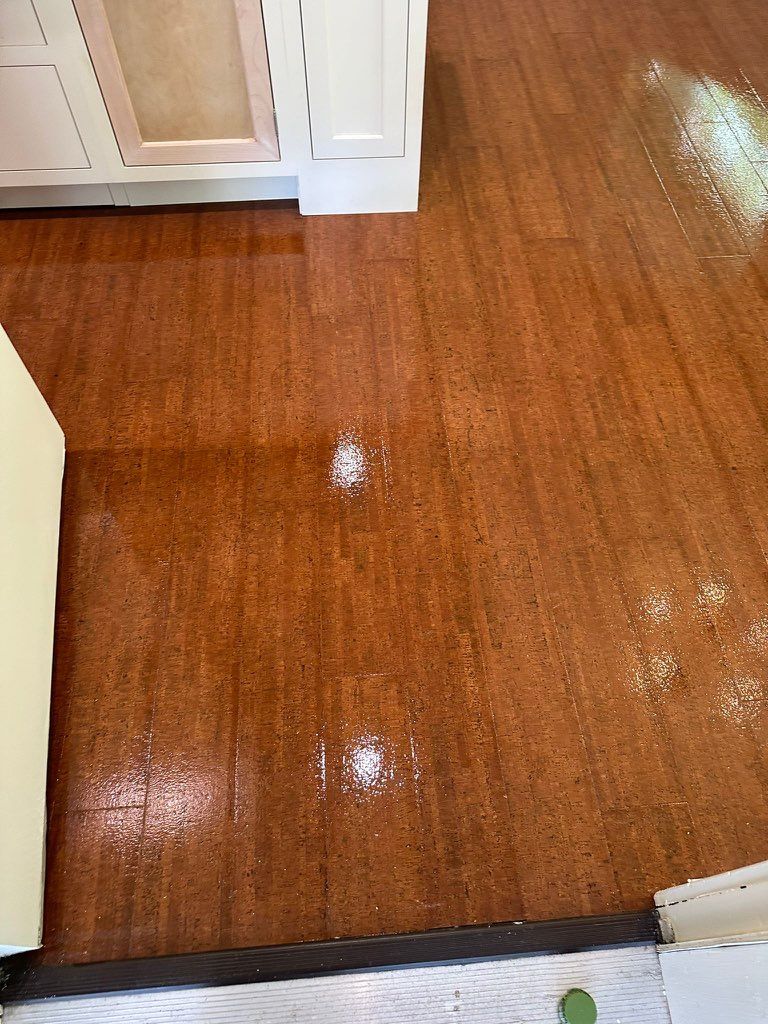 Cork floor refinish using Bona Mega Satin by Footprints Floors Morristown